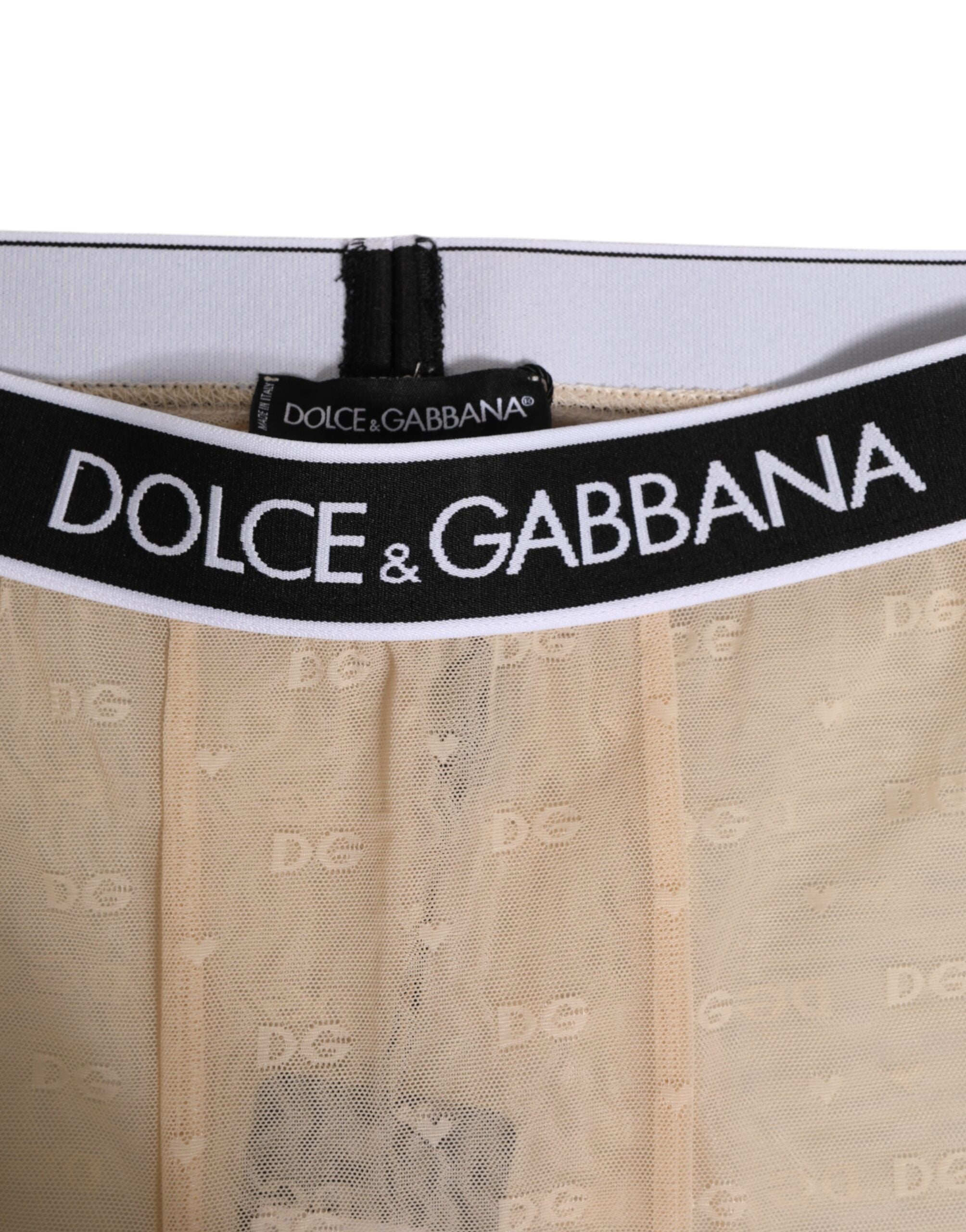 Leggings Dolce & Gabbana en nylon beige avec logo en dentelle, pantalon de sous-vêtements élégants et confortables.