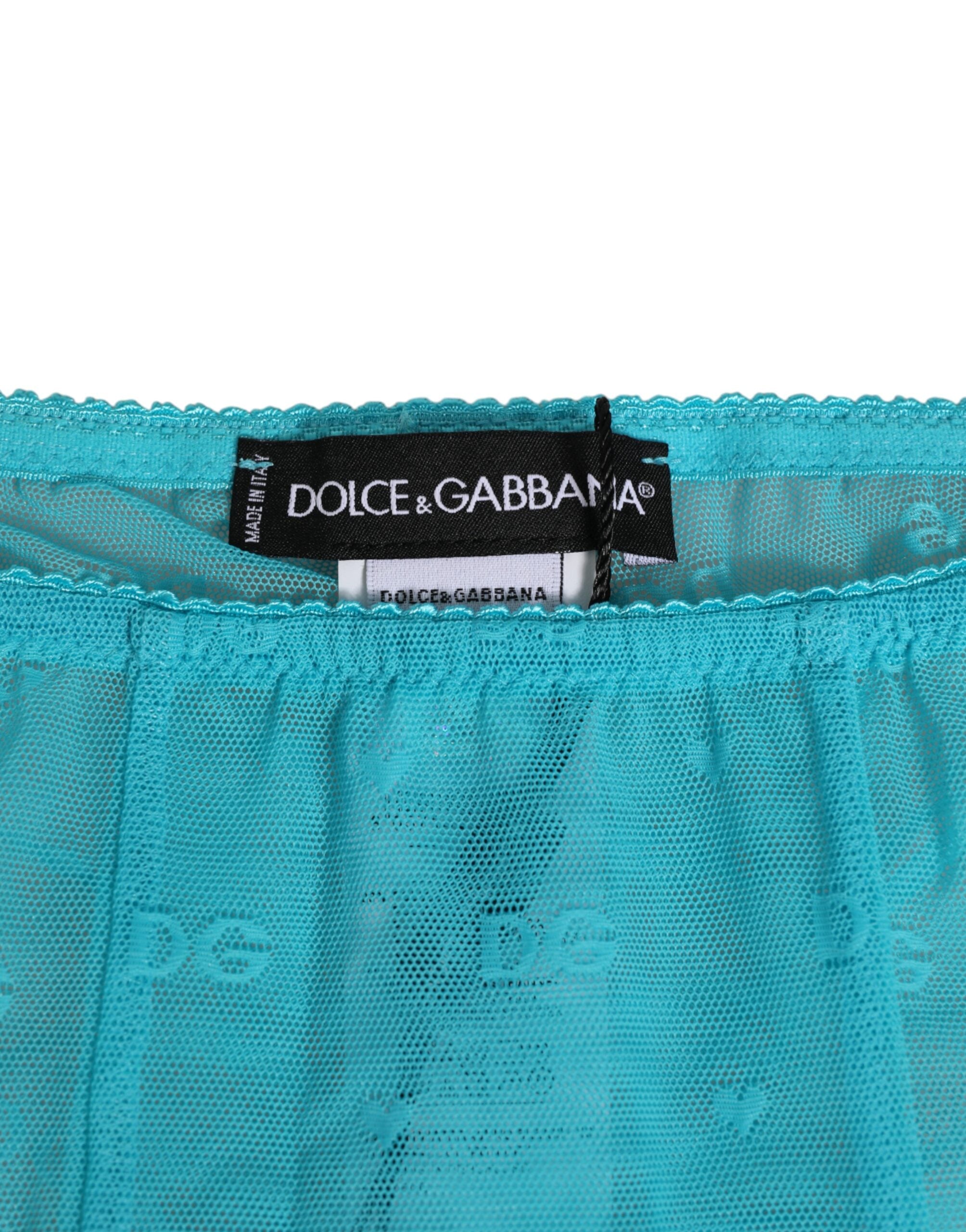String short en dentelle Light Blue Logo de Dolce & Gabbana, pantalon midi de lingerie élégante et ajustée.