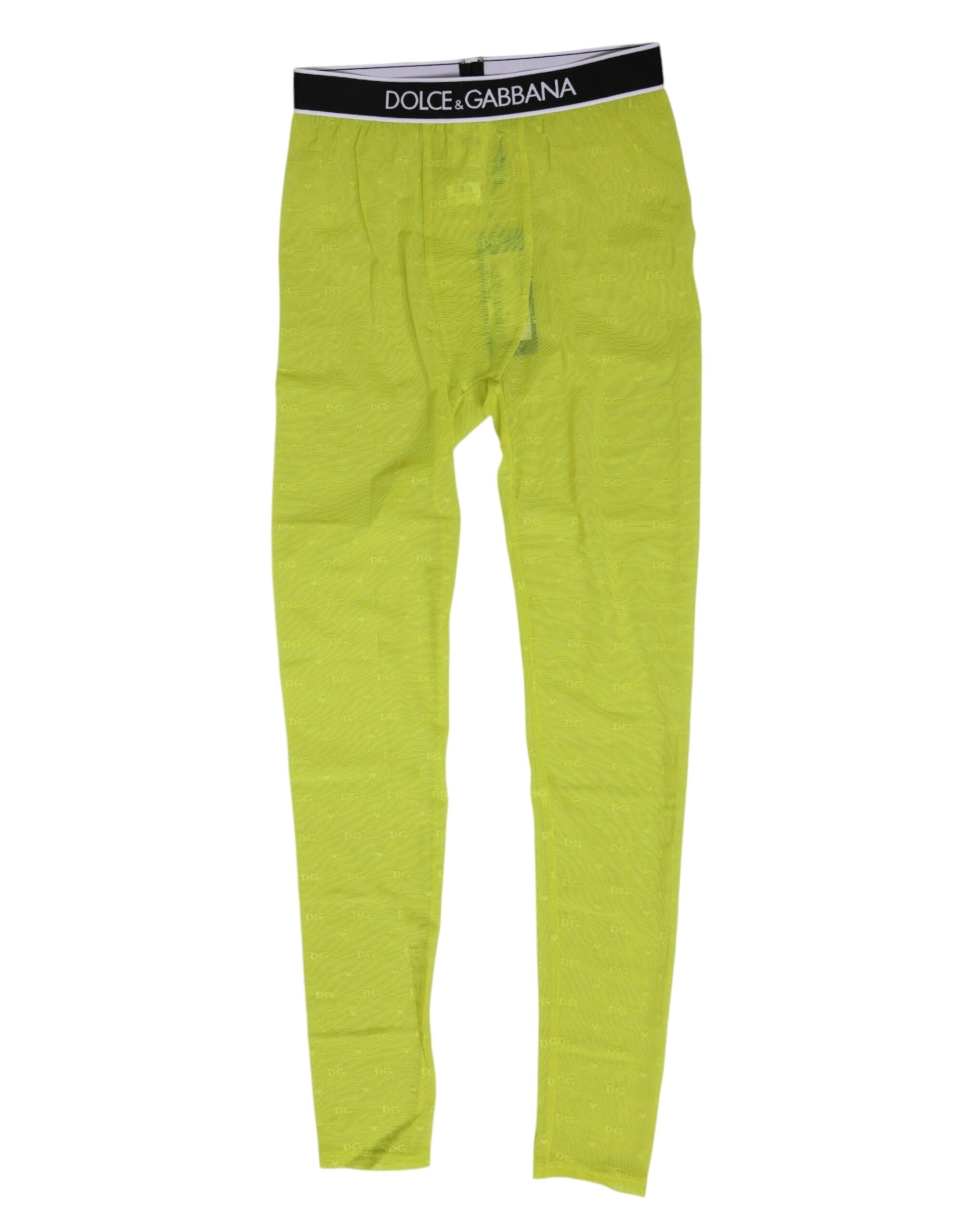 Leggings en nylon Dolce & Gabbana vert néon avec logo en dentelle, pantalon de sous-vêtement élégant et confortable.