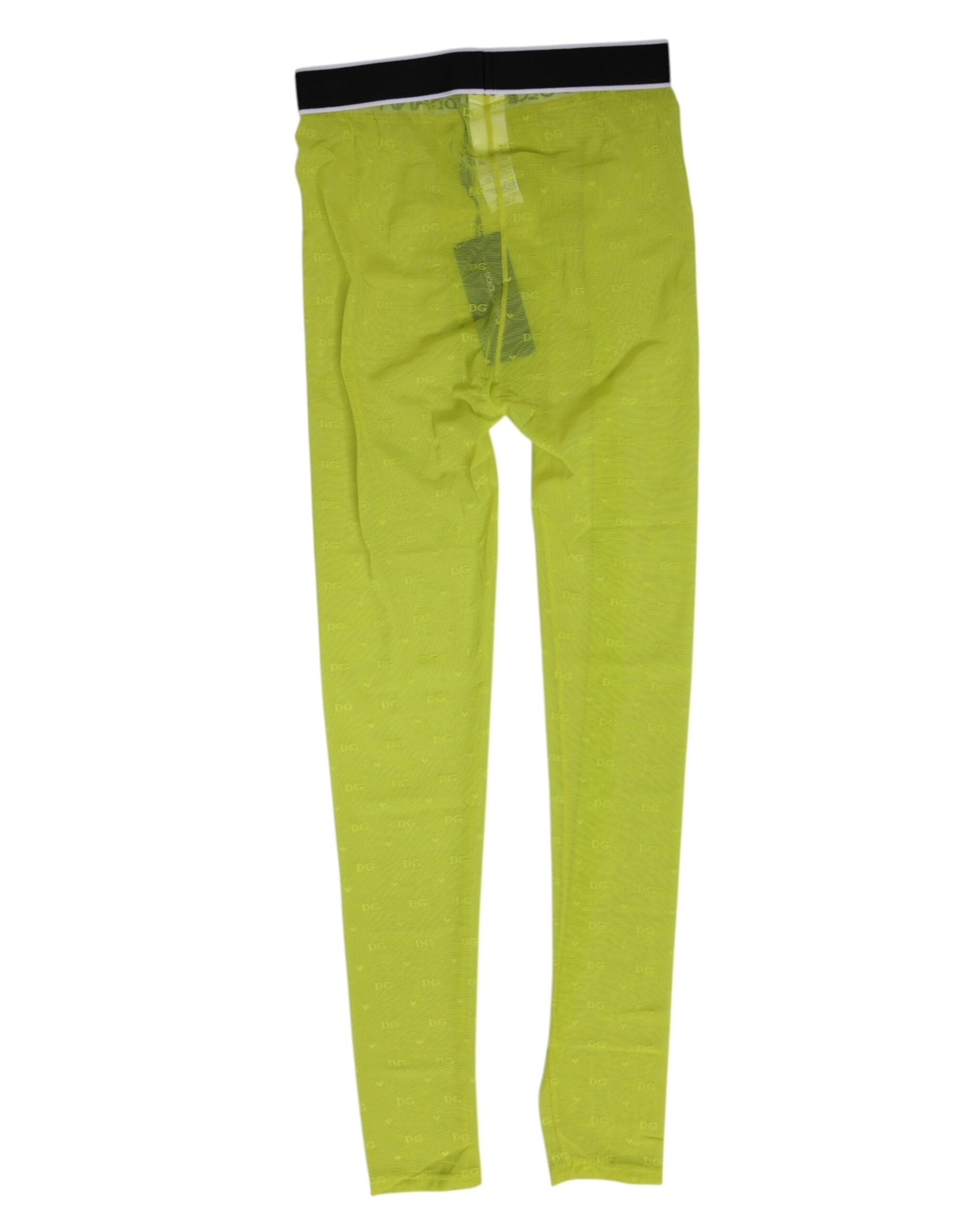 Leggings en nylon Dolce & Gabbana neon vert avec logo en dentelle, pantalons de sous-vêtements élégants et confortables.