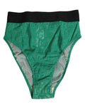 Culotte haute Dolce & Gabbana vert avec logo DG en dentelle, détails élégants et tissu fin, vue de face.