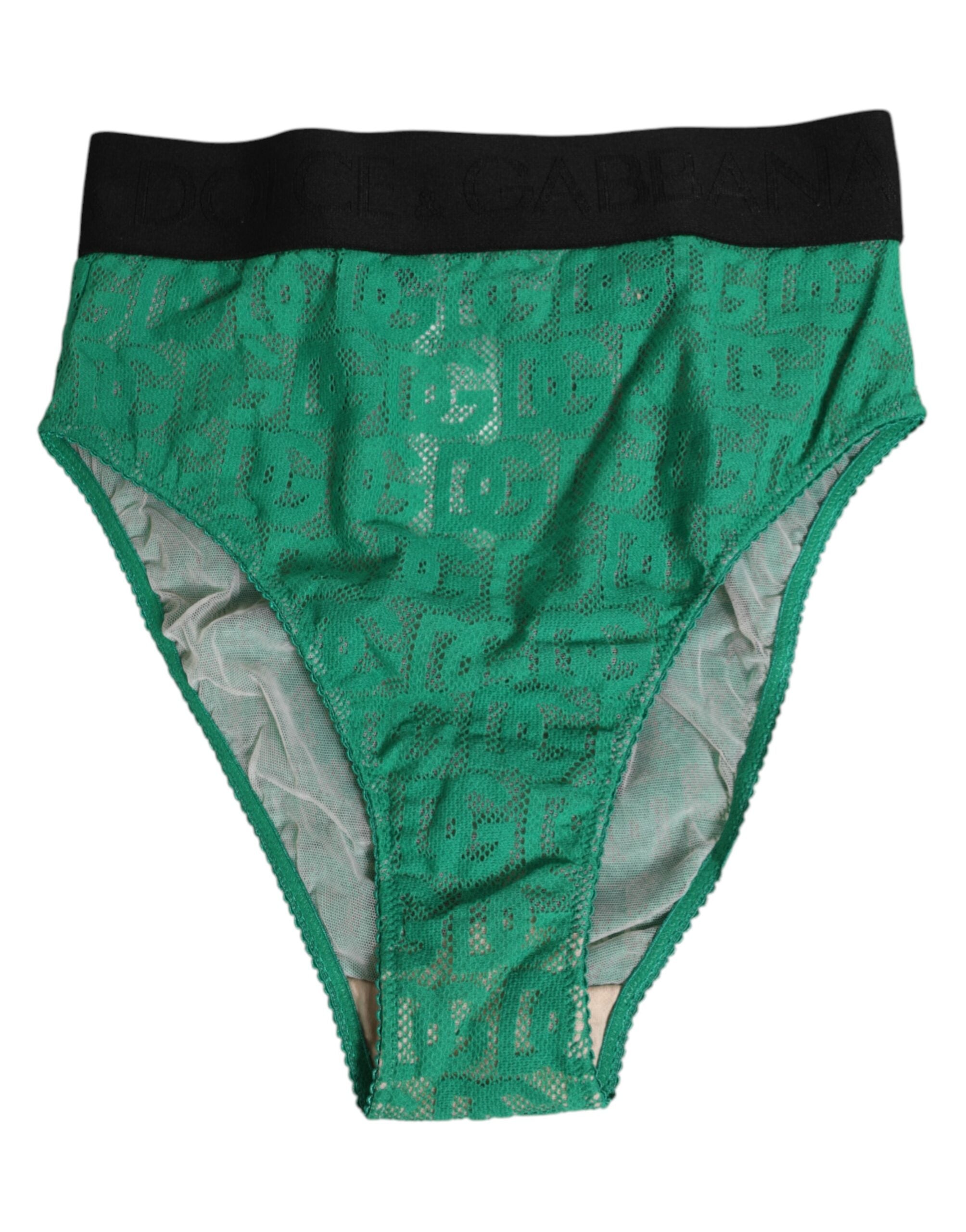 Culotte haute Dolce & Gabbana vert avec logo DG en dentelle, détails élégants et tissu fin, vue de face.