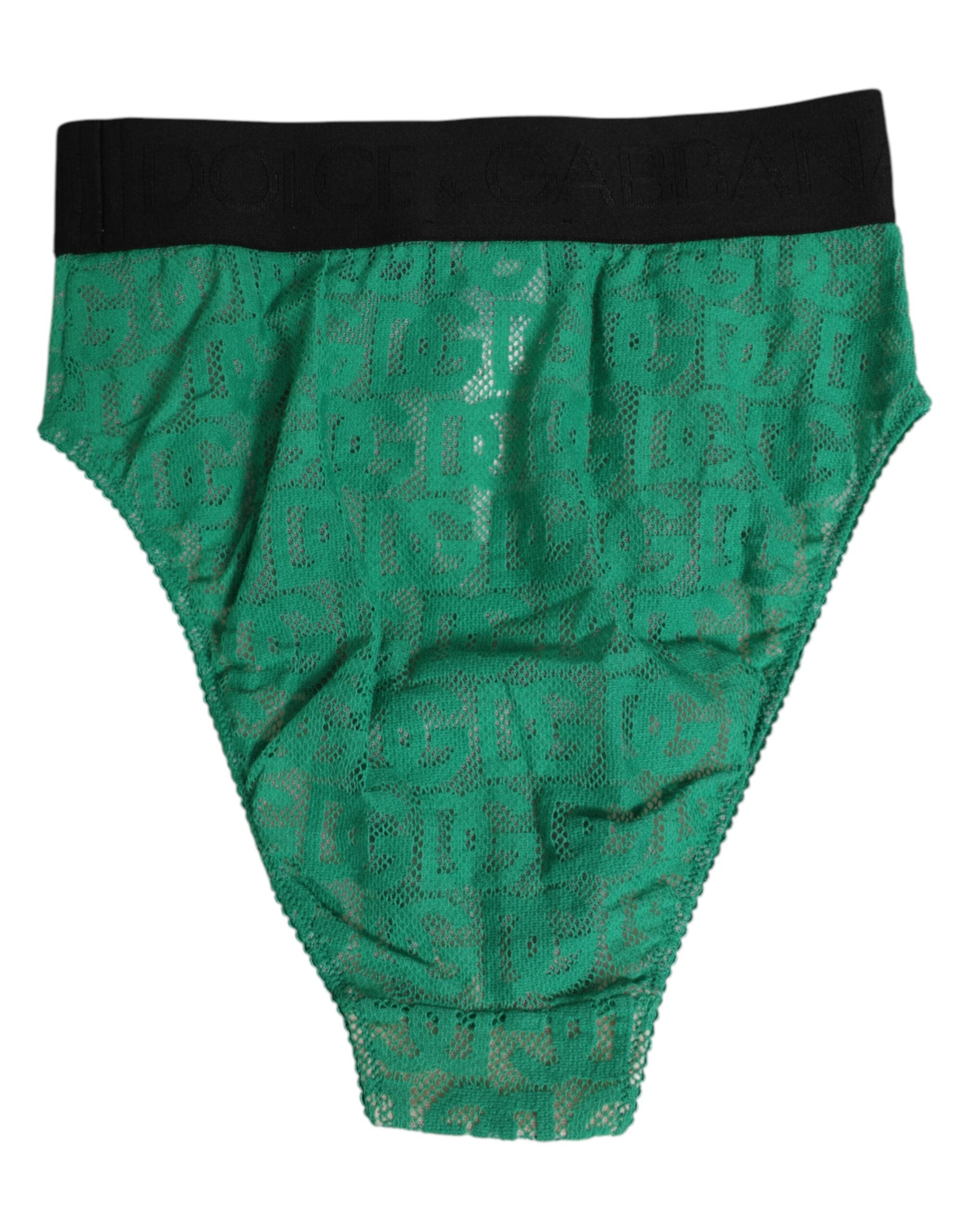 Culotte haute Dolce & Gabbana verte avec logo DG en dentelle, sous-vêtements élégants et confortables.