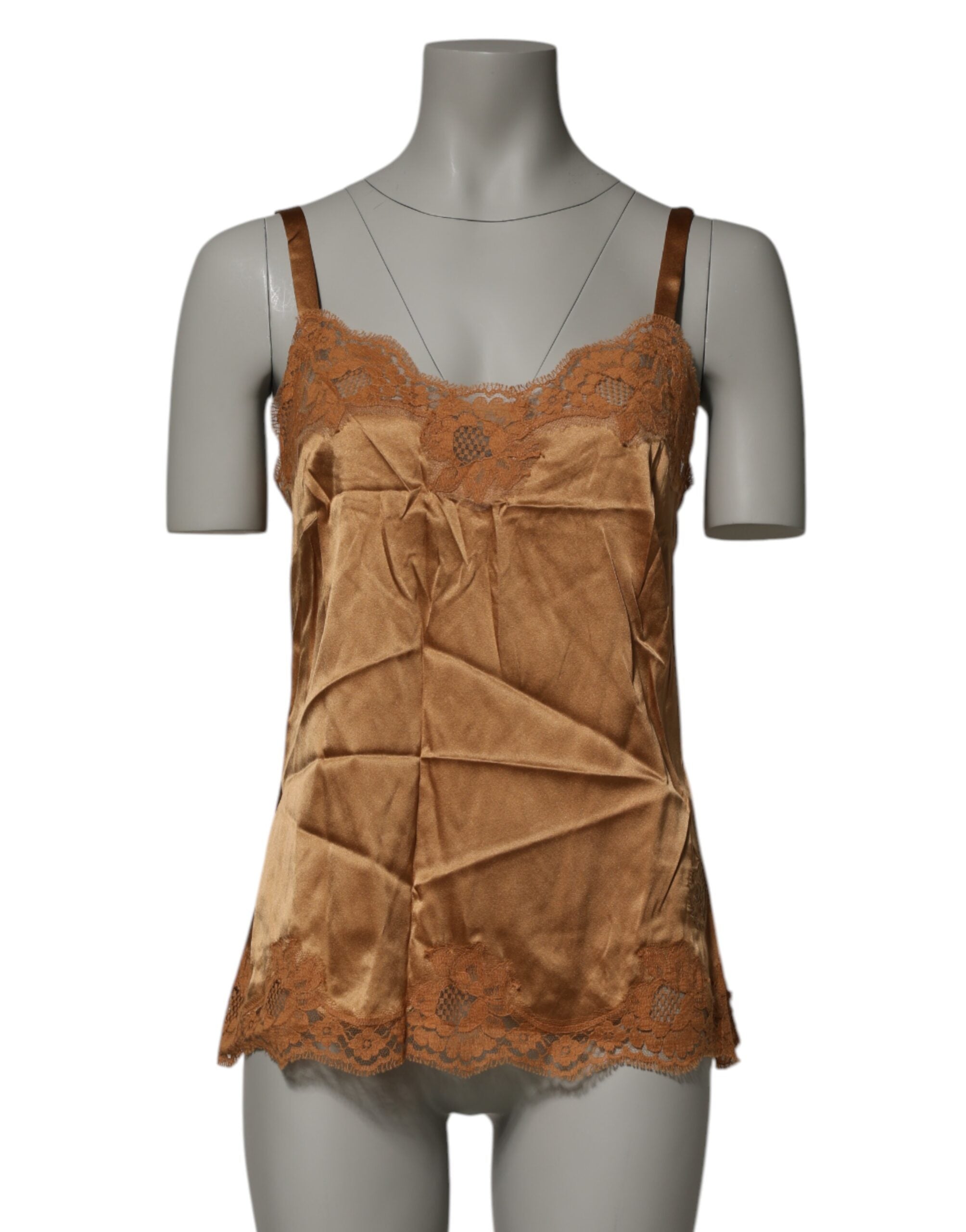 Lingerie Dolce & Gabbana en dentelle florale marron, tank top de sommeil élégant pour femme.