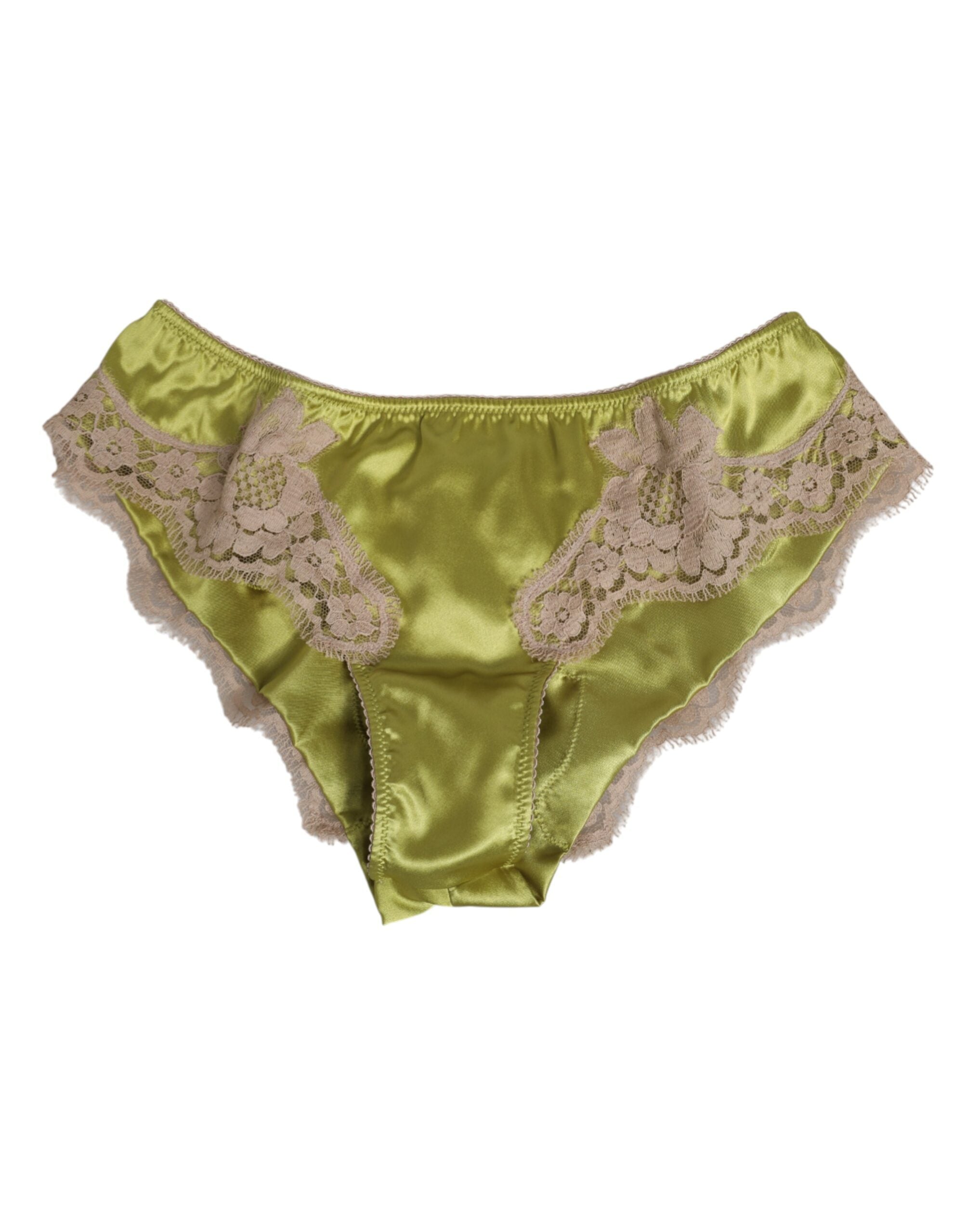 Culotte en satin de soie vert avec dentelle florale Dolce & Gabbana, détails élégants et finition raffinée.