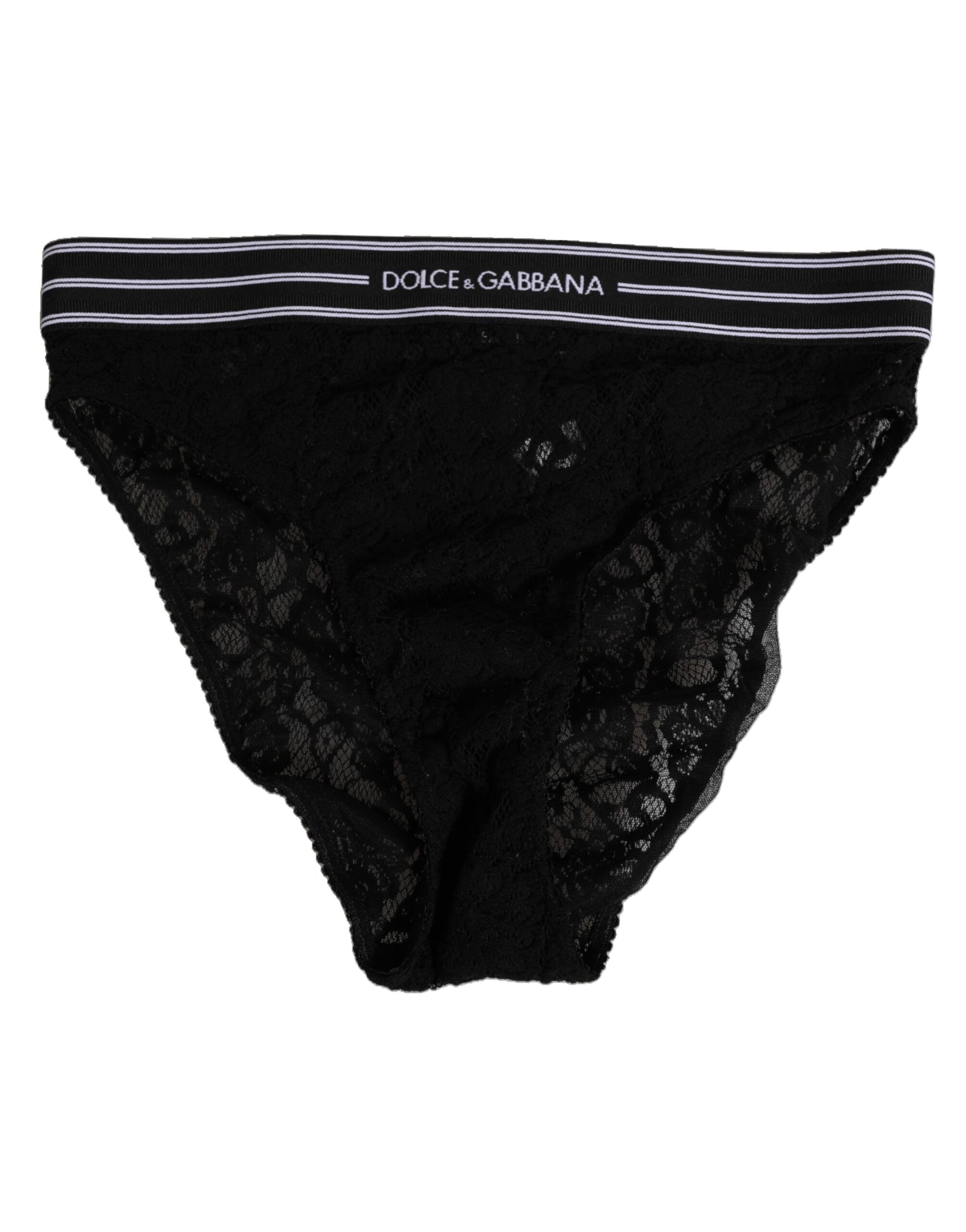 Slip Dolce & Gabbana en dentelle noire avec logo et taille élastique, sous-vêtements élégants pour femmes.
