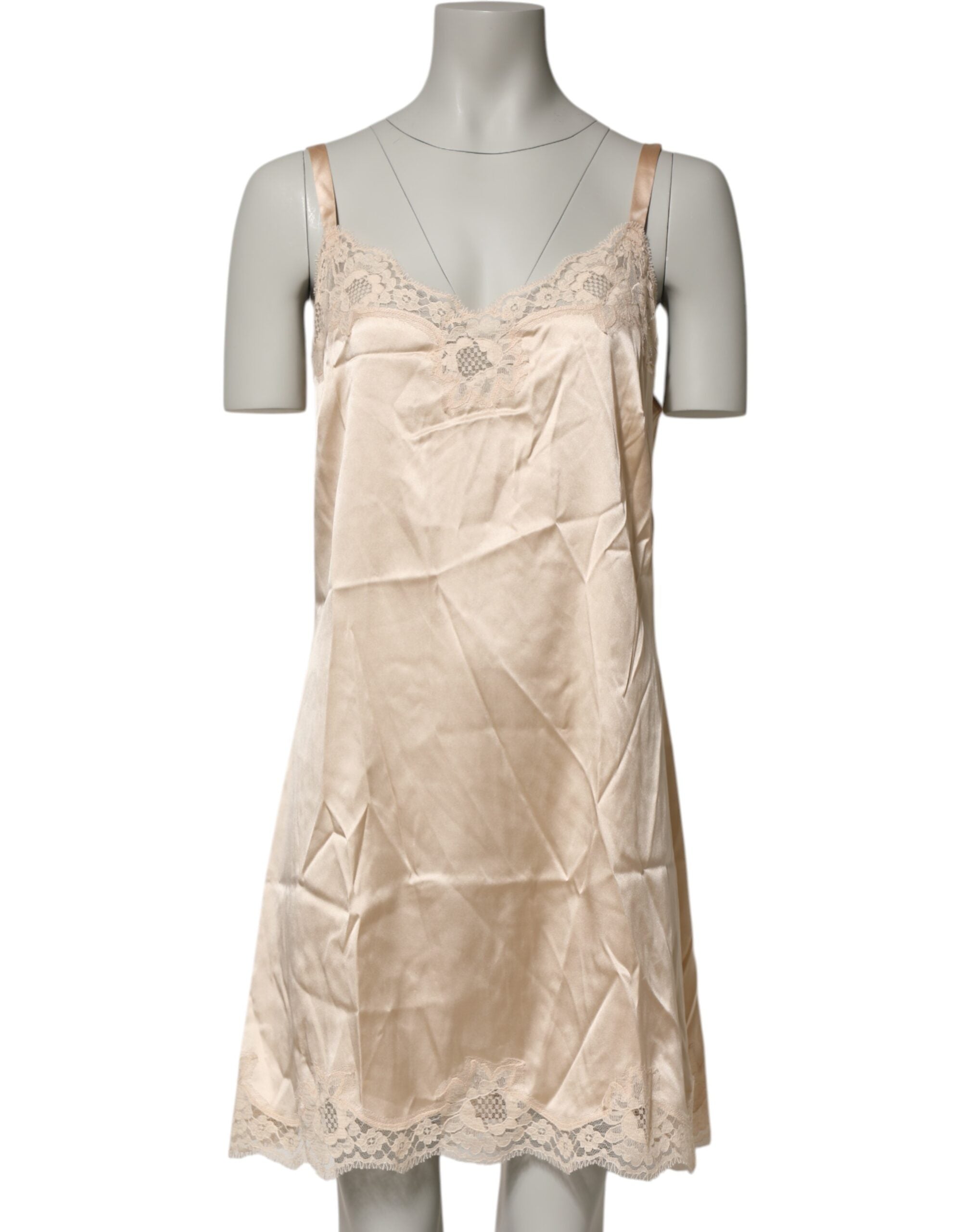 Chemise de lingerie nude en soie mélangée avec dentelle Dolce & Gabbana, robe élégante et délicate.