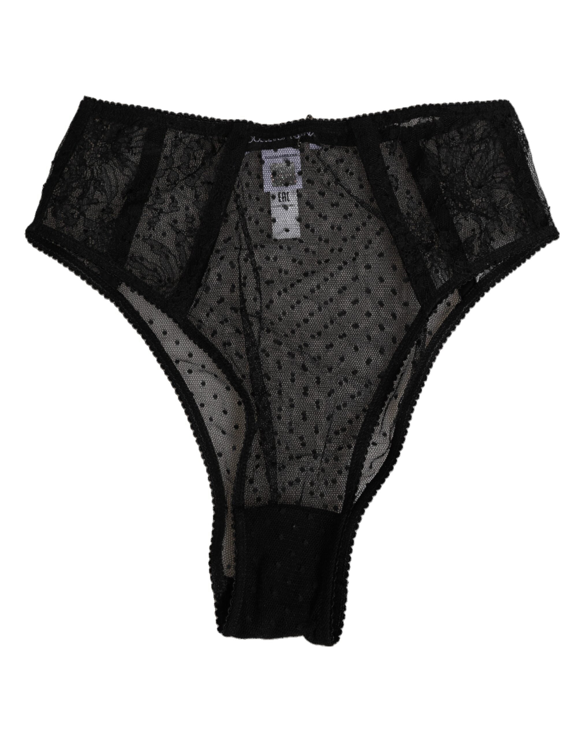 Sous-vêtements Dolce & Gabbana en dentelle noire à pois, taille haute, en mesh transparent.