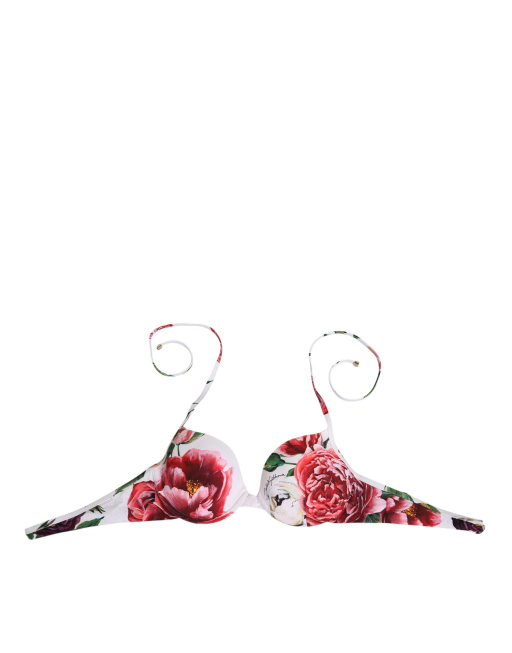 Top de bikini blanc à fleurs Dolce & Gabbana, style halter, pour maillot de bain féminin, avec motif floral élégant.