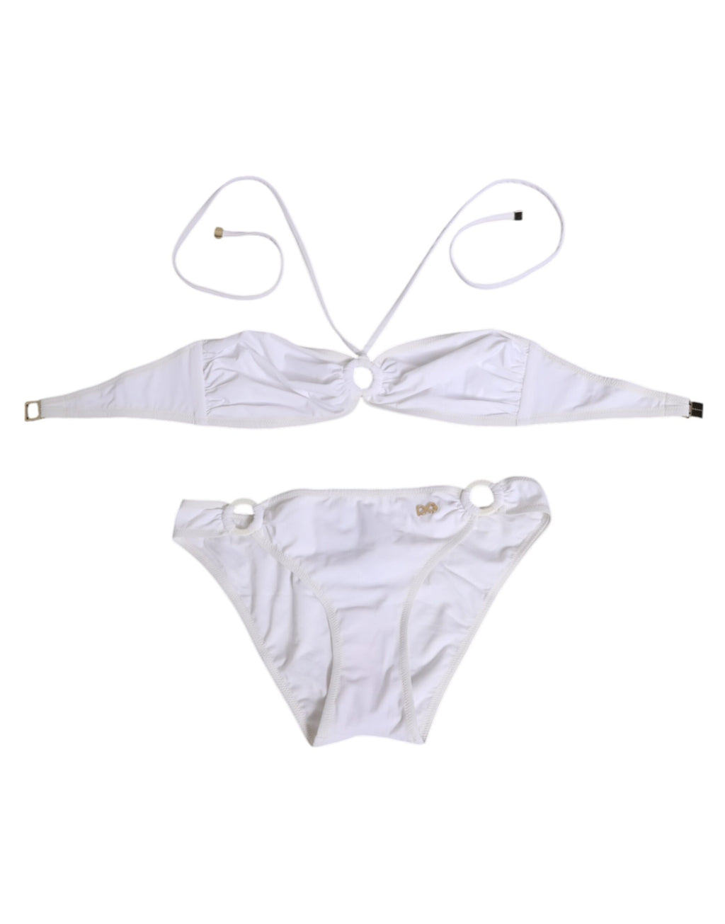 Maillot de bain deux pièces Dolce & Gabbana blanc avec logo, haut et bas, vêtement de plage élégant et tendance.