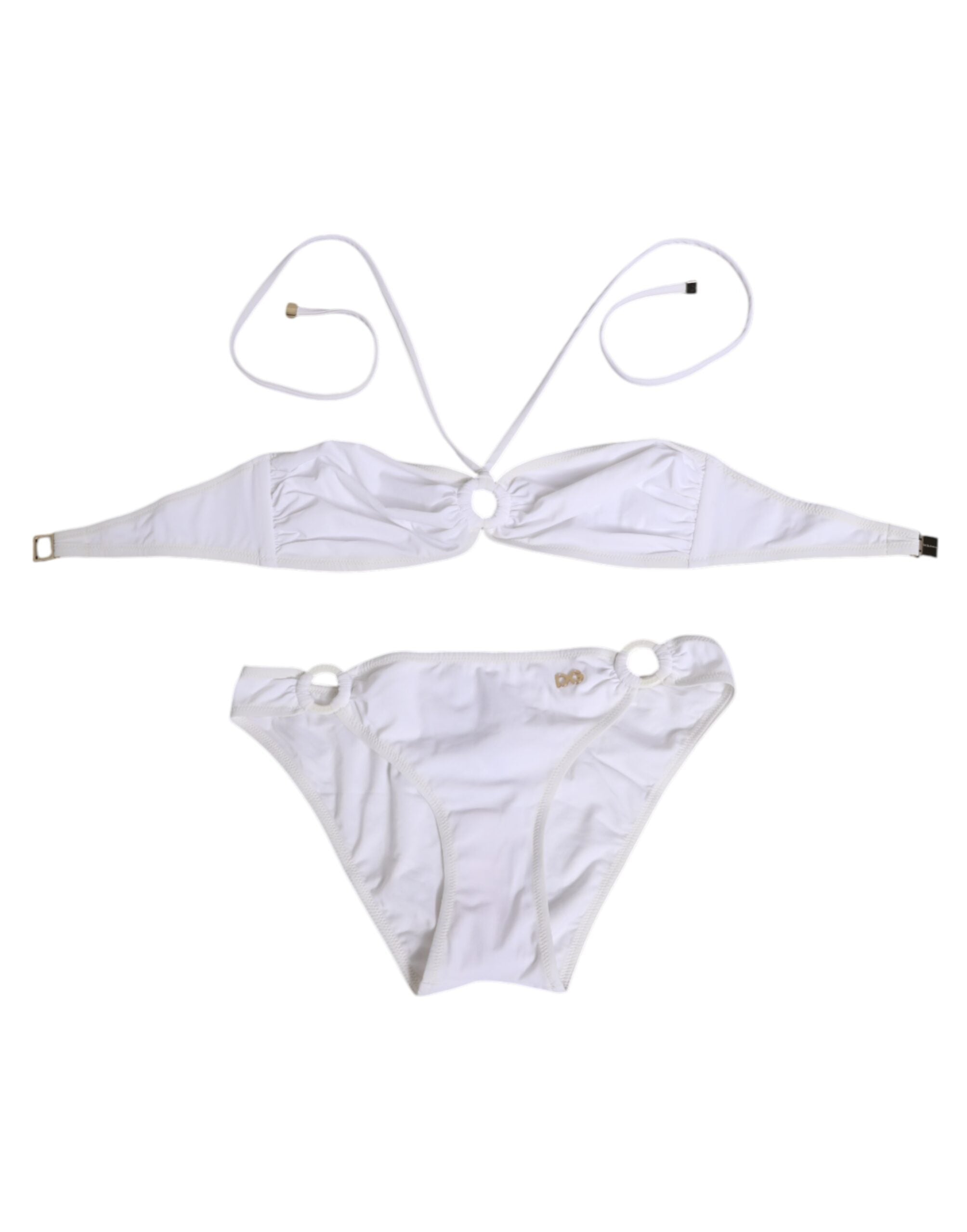 Maillot de bain deux pièces Dolce & Gabbana blanc avec logo, haut et bas, vêtement de plage élégant et tendance.
