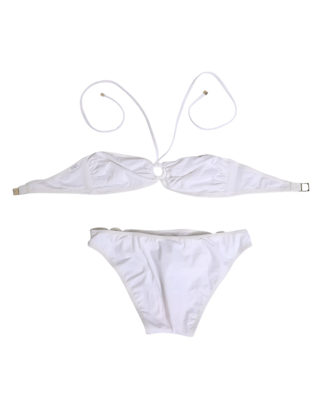 Maillot de bain deux pièces Dolce & Gabbana blanc avec logo, haut et bas, vêtements de plage élégants et tendance.