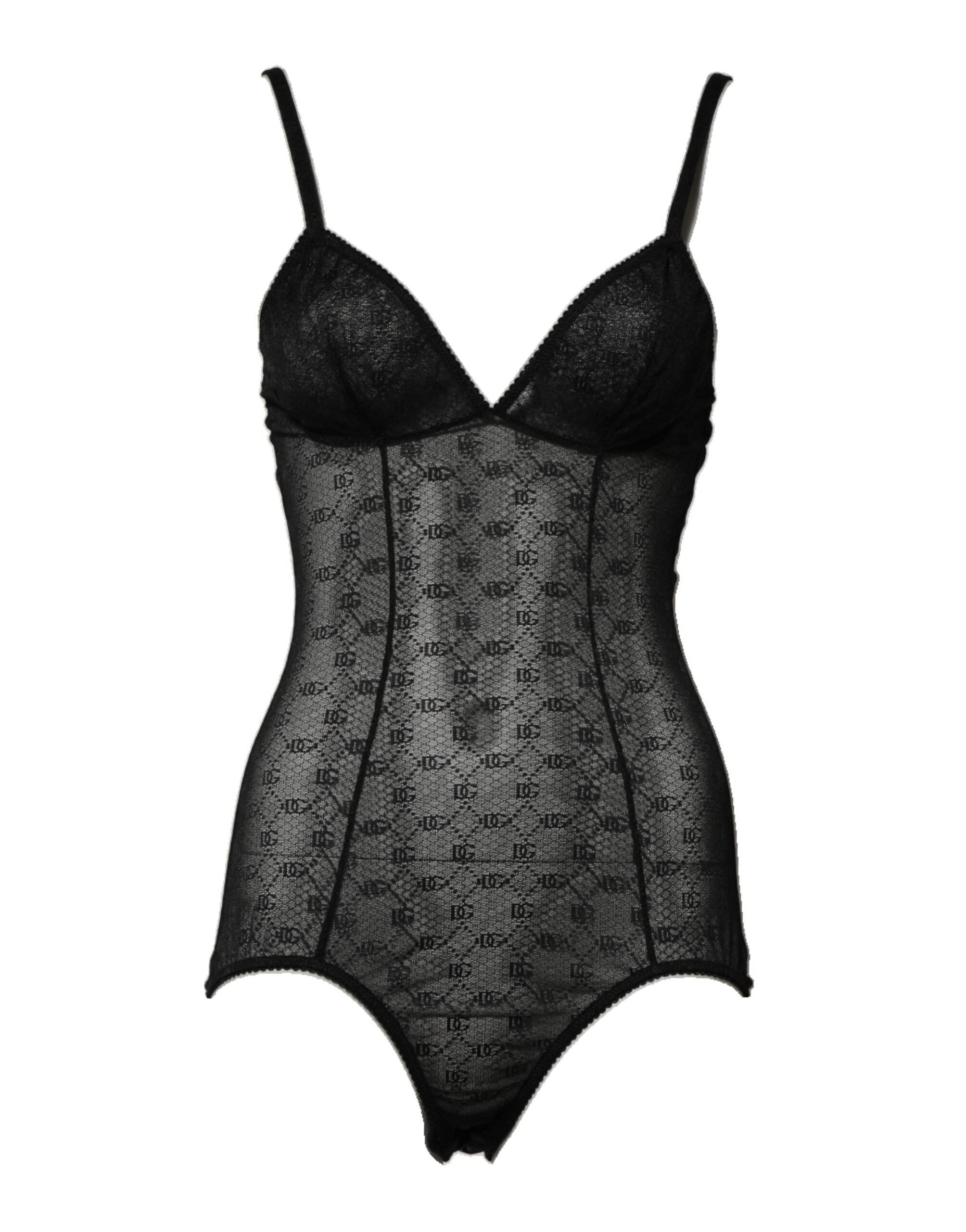 Body en nylon extensible noir de la lingerie Dolce & Gabbana, ajusté, avec détails élégants et coupe moulante visible.