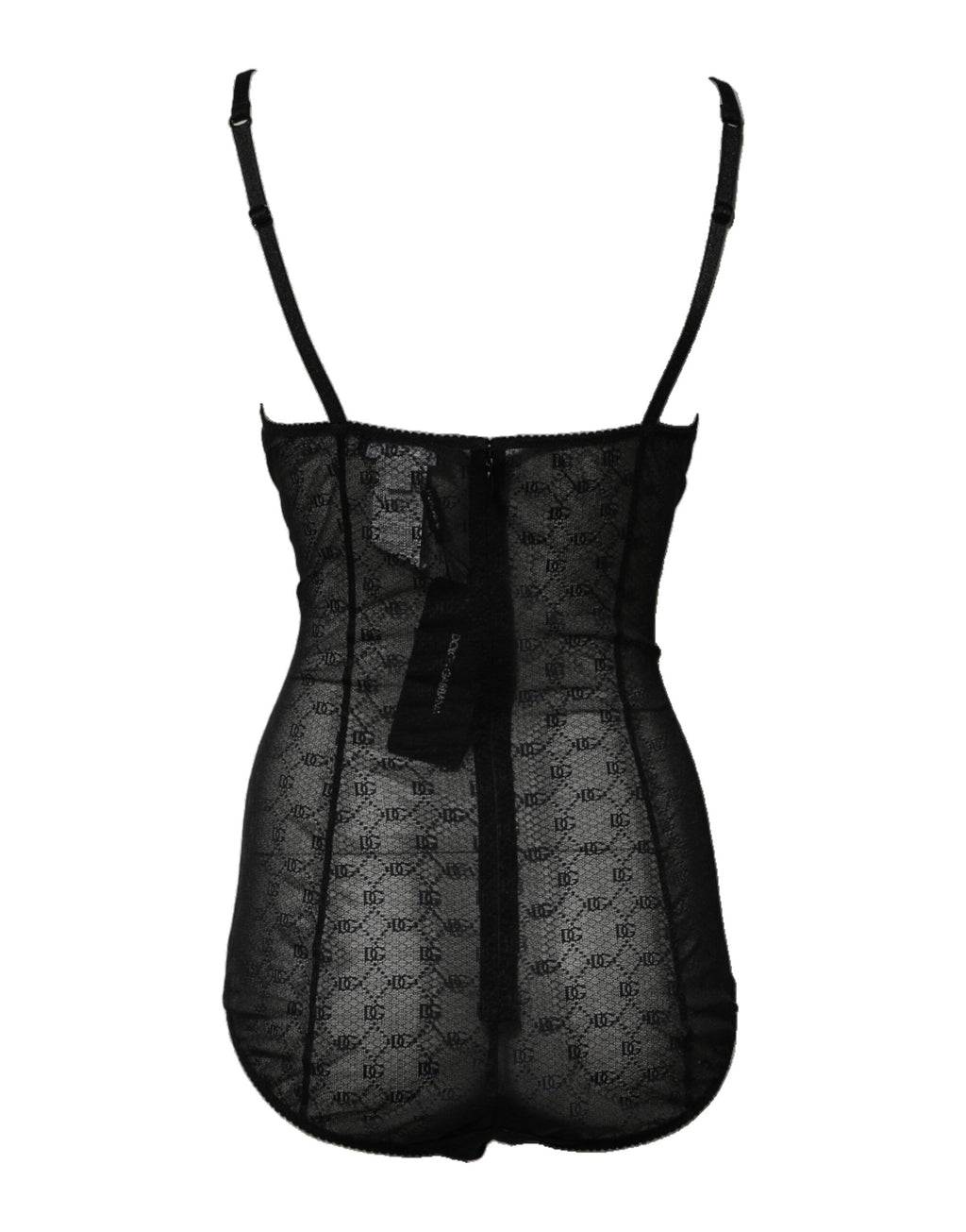 Body en nylon stretch noir de la lingerie Dolce & Gabbana, ajusté et élégant, vue de face sur le mannequin.