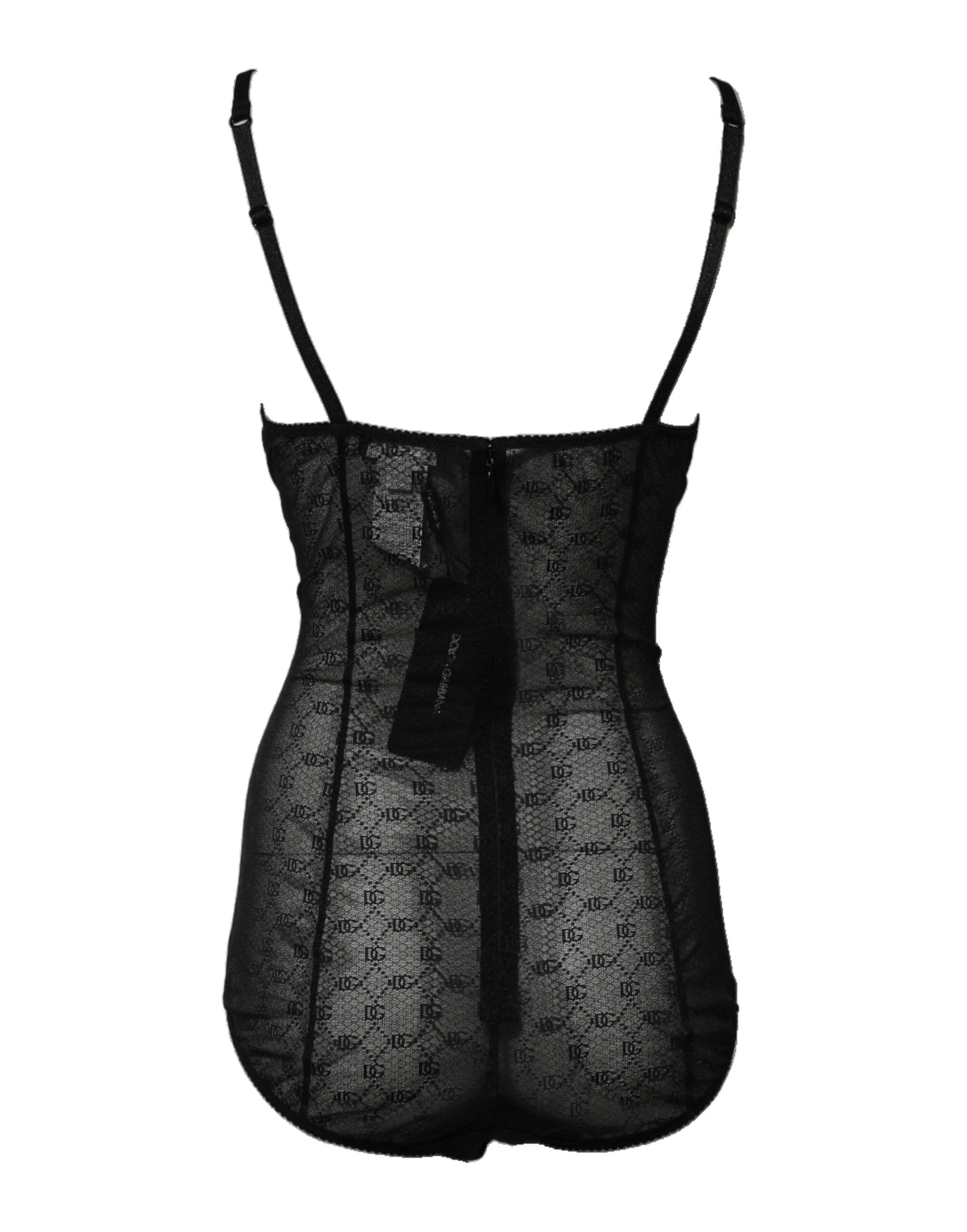Body en nylon stretch noir de la lingerie Dolce & Gabbana, ajusté et élégant, vue de face sur le mannequin.