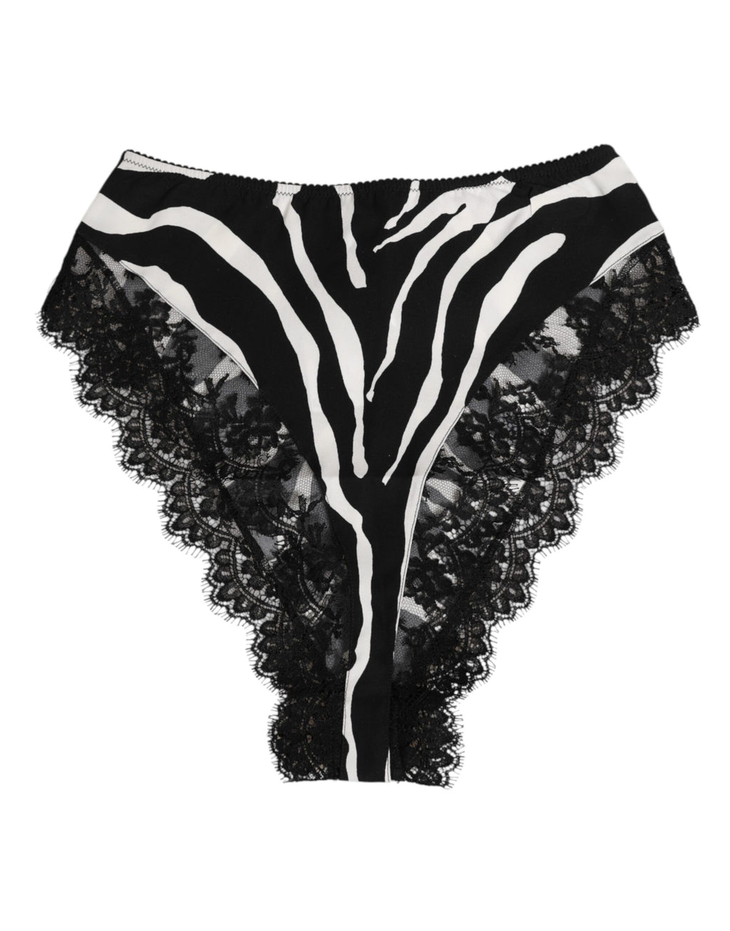 Sous-vêtements en soie noire Dolce & Gabbana avec motif zèbre, dentelle et taille haute, style élégant et sophistiqué.