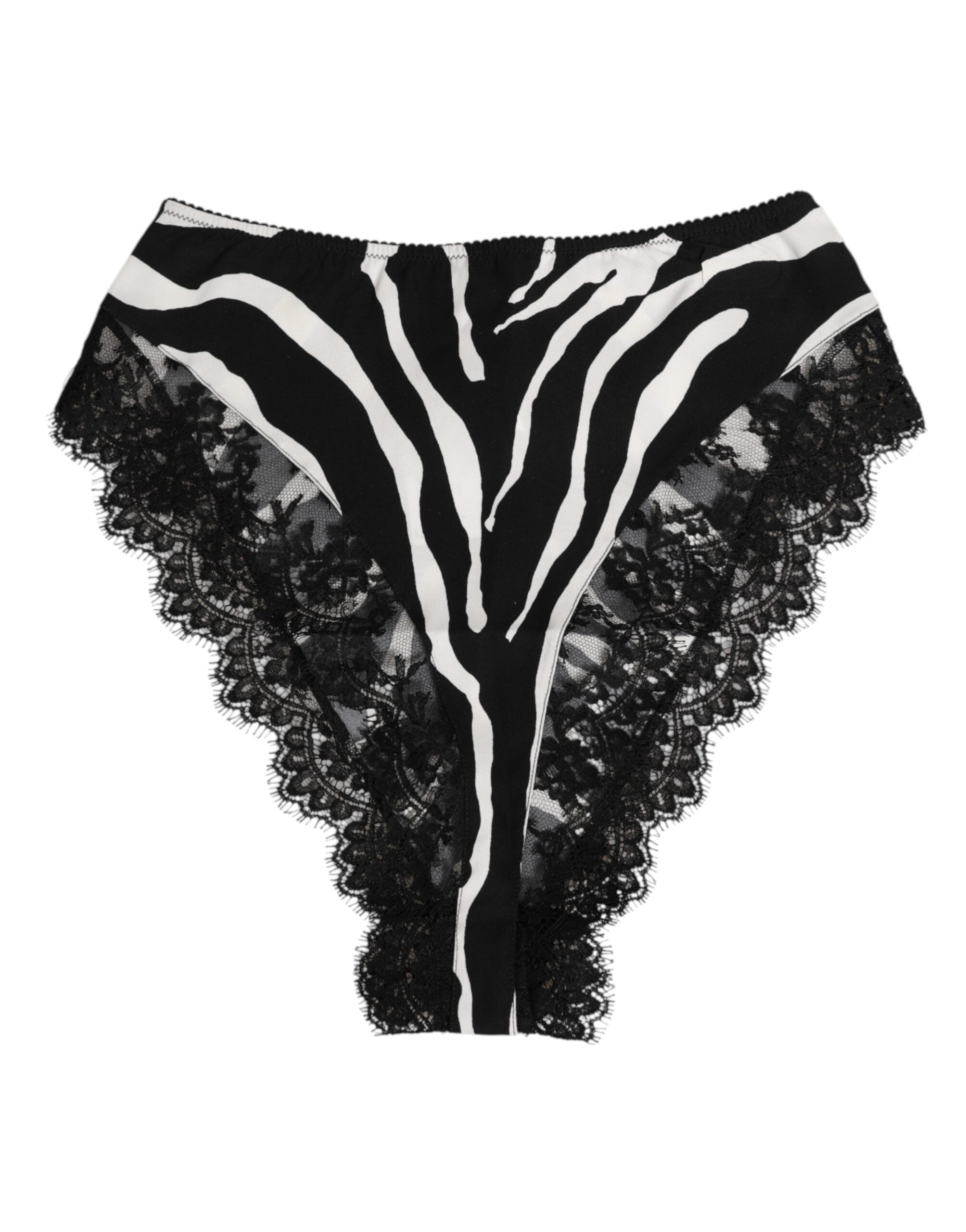 Sous-vêtements en soie noire Dolce & Gabbana avec motif zèbre, dentelle et taille haute, style élégant et sophistiqué.