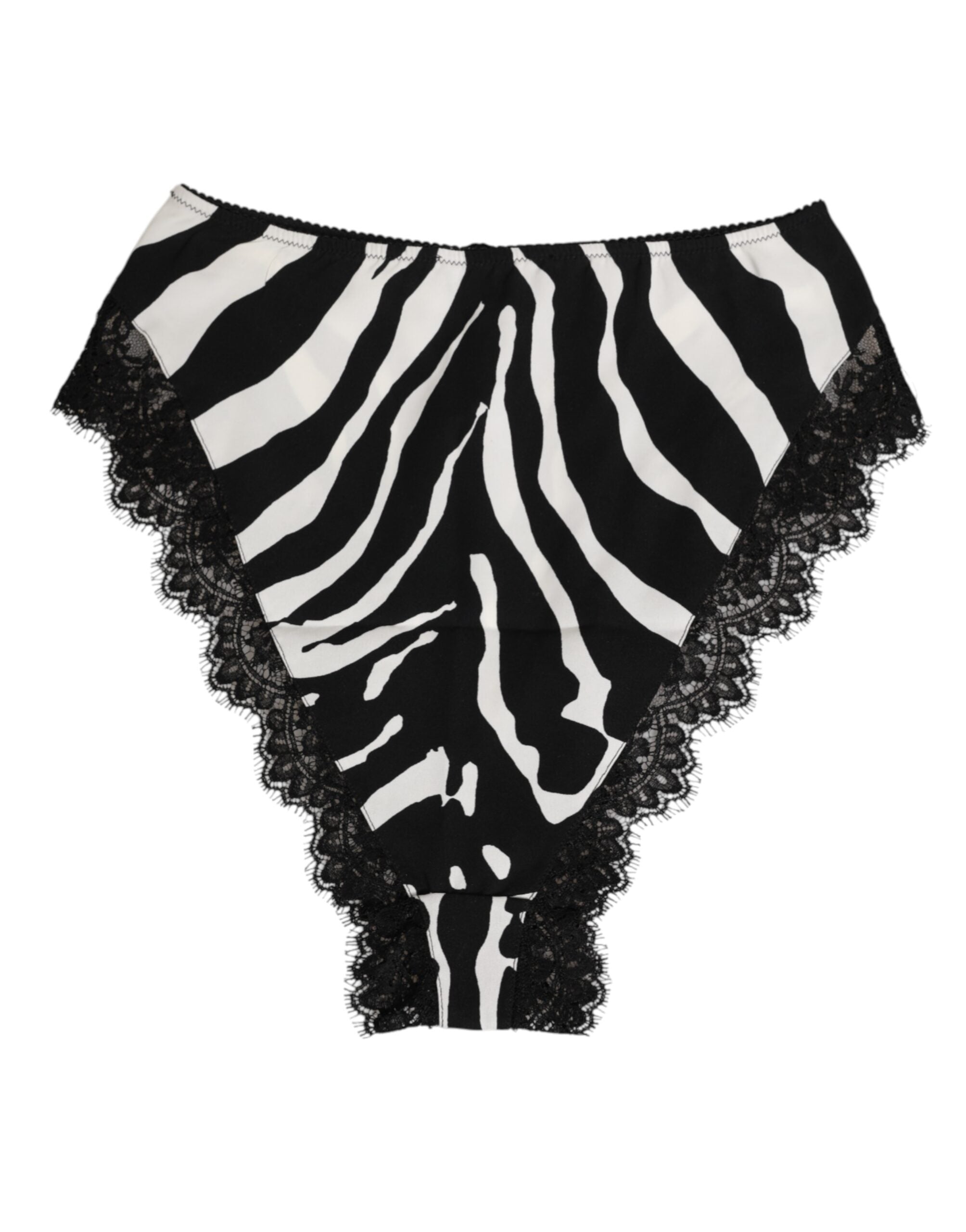 Sous-vêtements Dolce & Gabbana en soie noire avec imprimé zèbre, dentelle, taille haute, style élégant et sophistiqué.