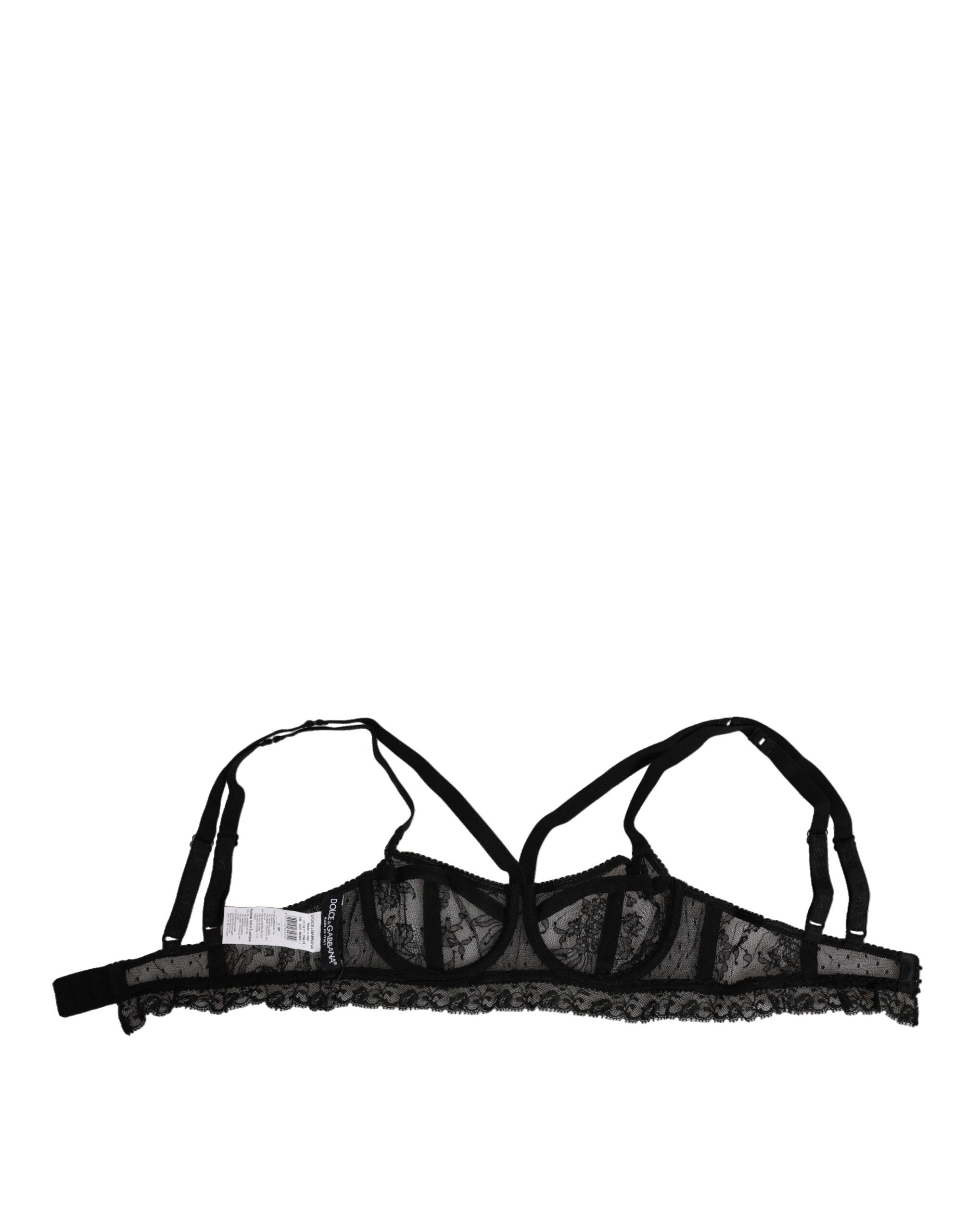 Soutien-gorge balconnet en dentelle florale noire en nylon de Dolce & Gabbana, détails élégants et sophistiqués.