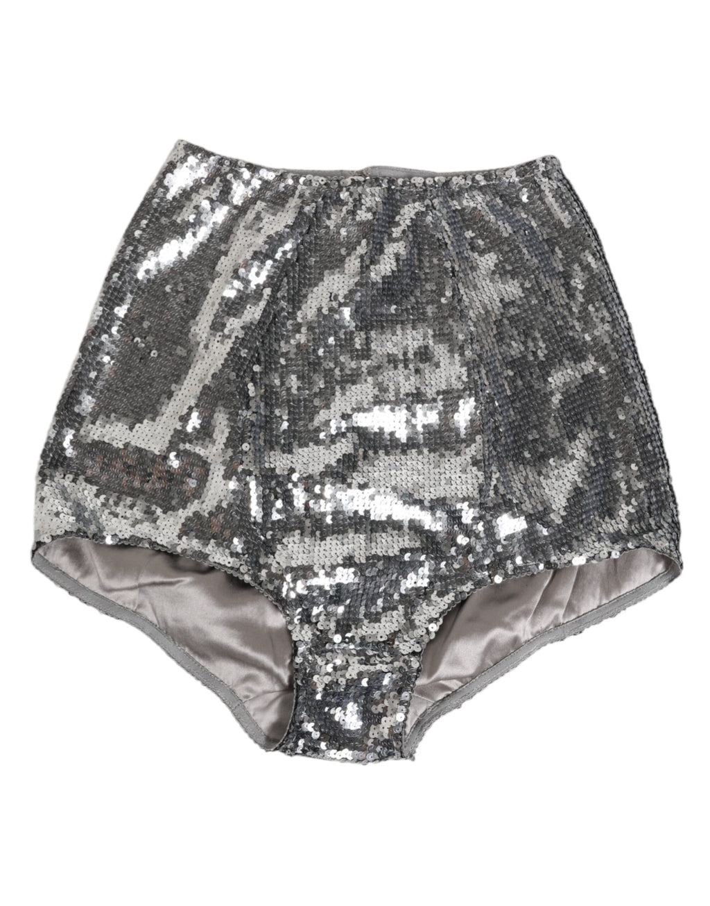 Culotte slip en nylon argenté ornée de sequins de la marque Dolce & Gabbana, élégante et brillante, vue de face.