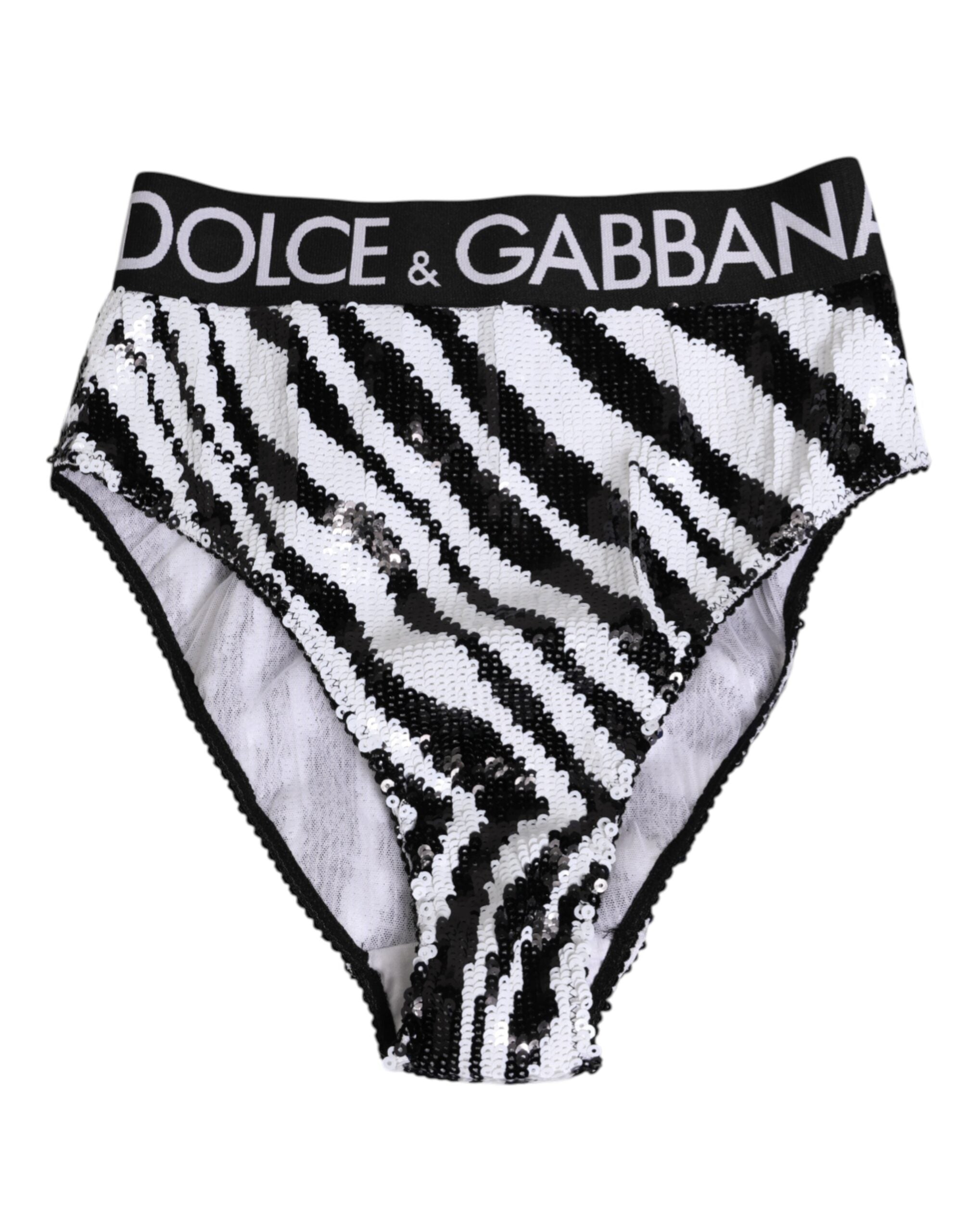 Culotte haute Dolce & Gabbana à rayures noires et blanches, sous-vêtements pour femme, vue de face.