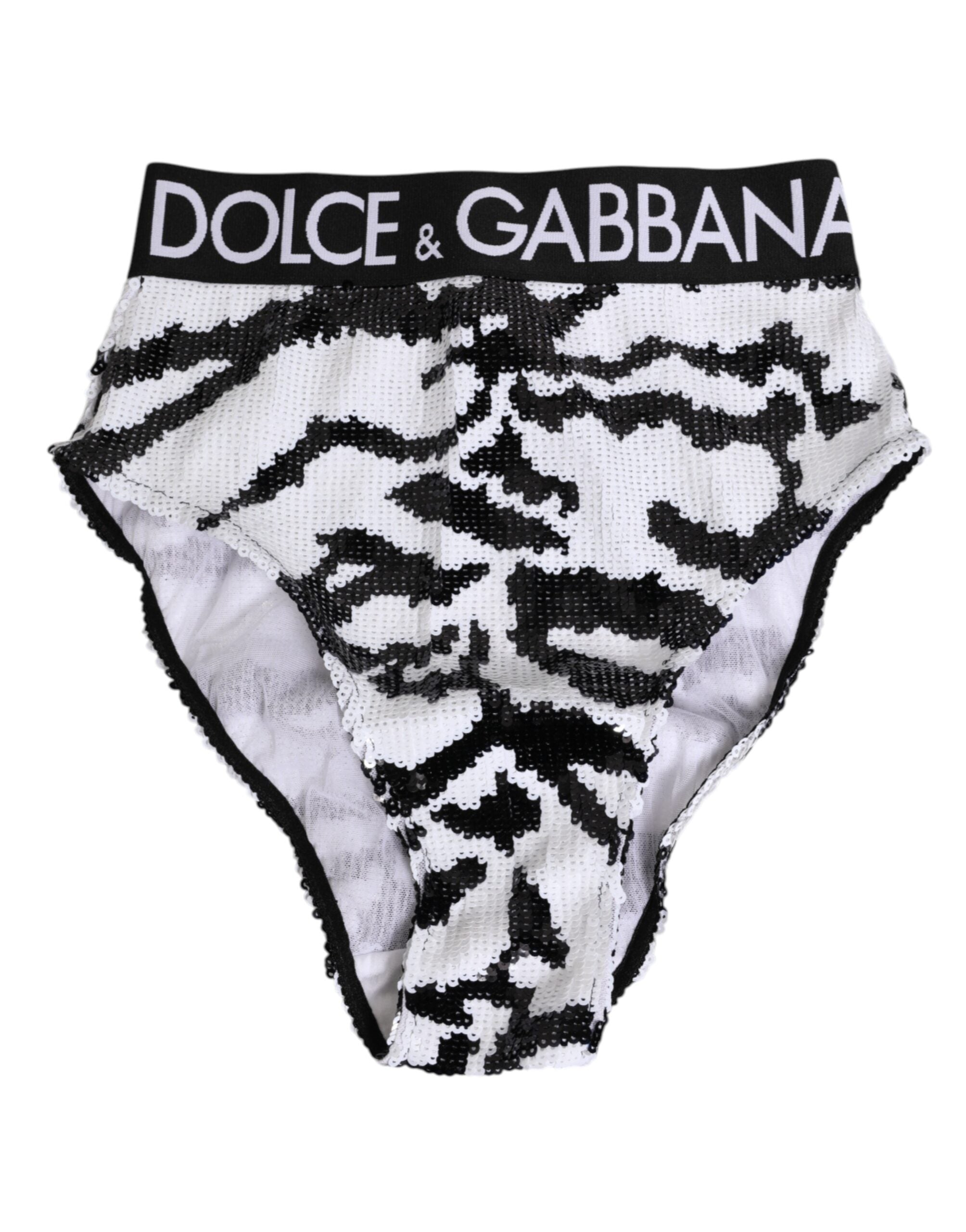 Culotte haute Dolce & Gabbana noire et blanche avec sequins, sous-vêtements élégants et sophistiqués.