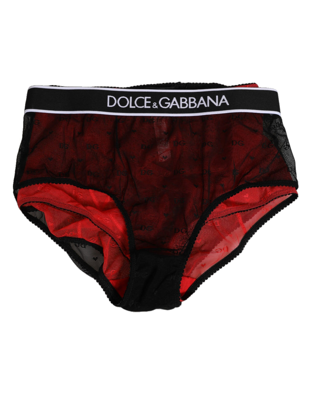 Culotte haute en nylon noir et rouge de Dolce & Gabbana, lingerie élégante avec taille haute et détails en tissu brillant.