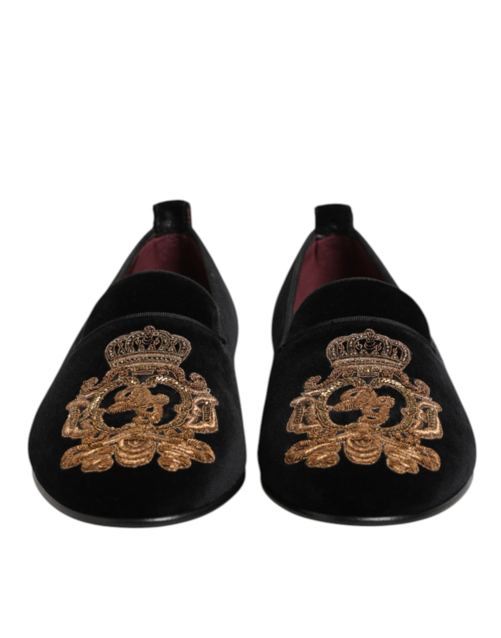 Chaussures loafers pour homme Dolce & Gabbana en velours noir avec couronne en or, élégantes et sophistiquées.