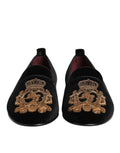 Chaussures loafers pour homme Dolce & Gabbana en velours noir avec couronne en or, élégantes et sophistiquées.