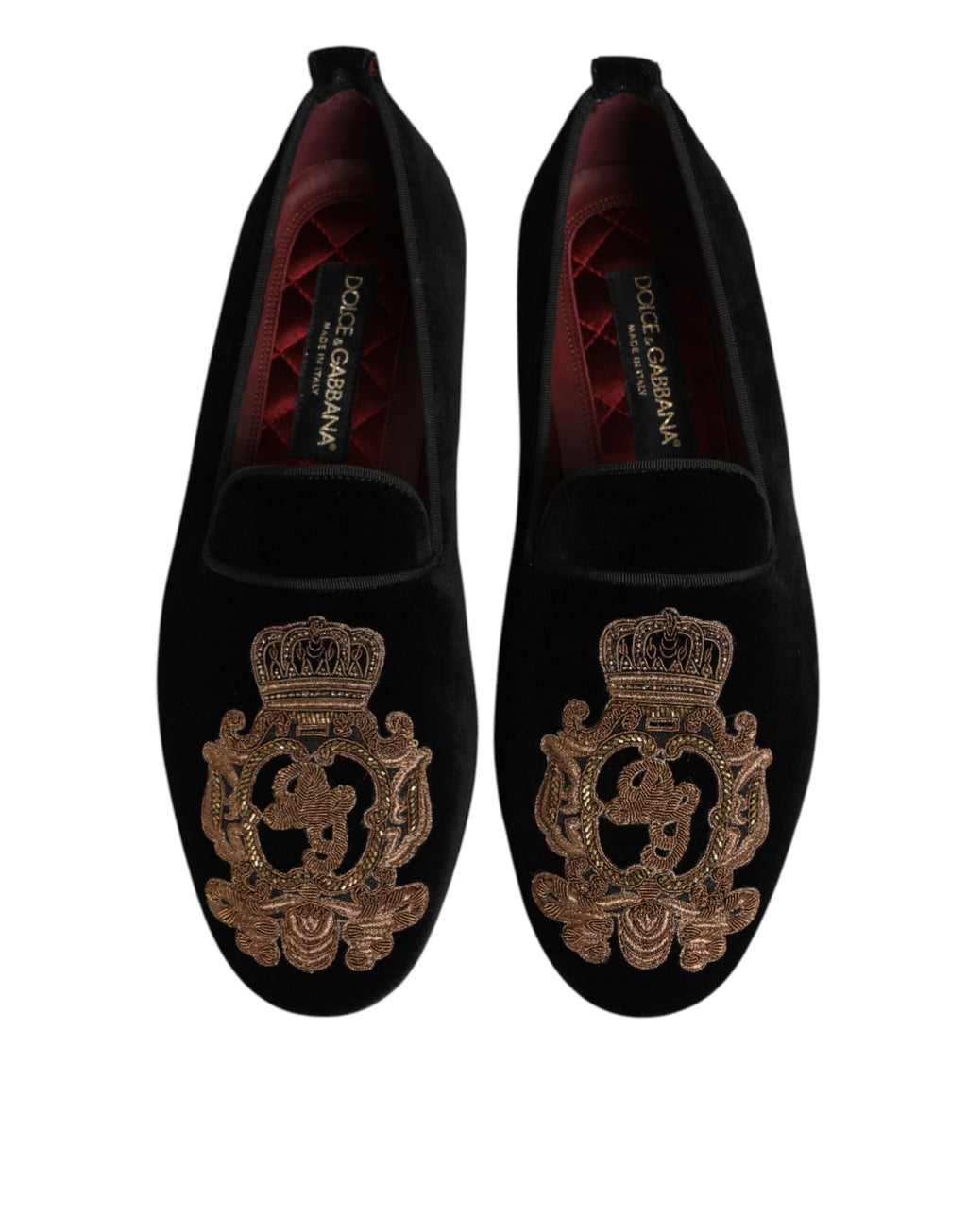 Chaussures loafers pour homme Dolce & Gabbana en velours noir avec couronne dorée, élégantes et sophistiquées.