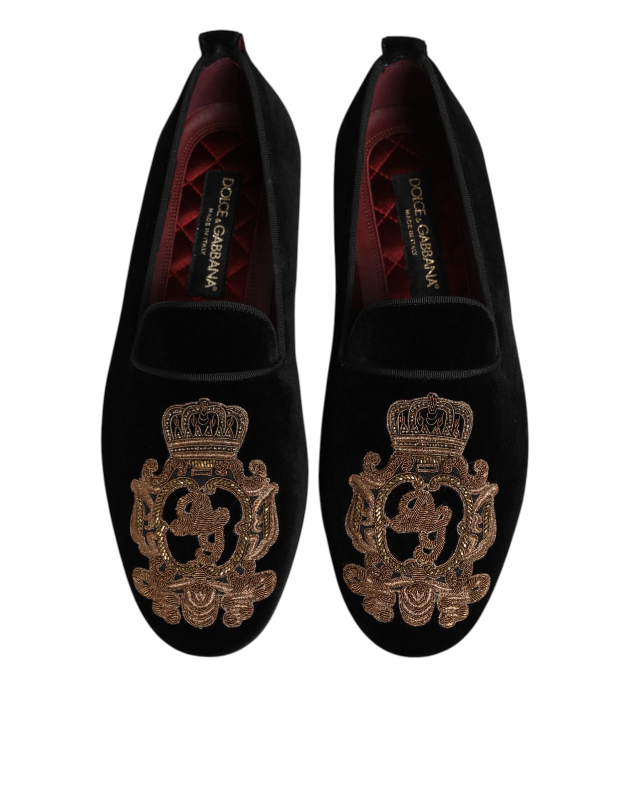 Chaussures loafers pour homme Dolce & Gabbana en velours noir avec couronne dorée, élégantes et sophistiquées.