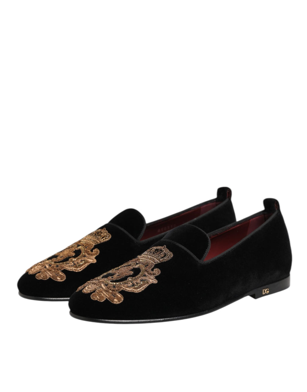Chaussures loafers homme Dolce & Gabbana en velours noir avec couronne dorée, élégantes et sophistiquées.