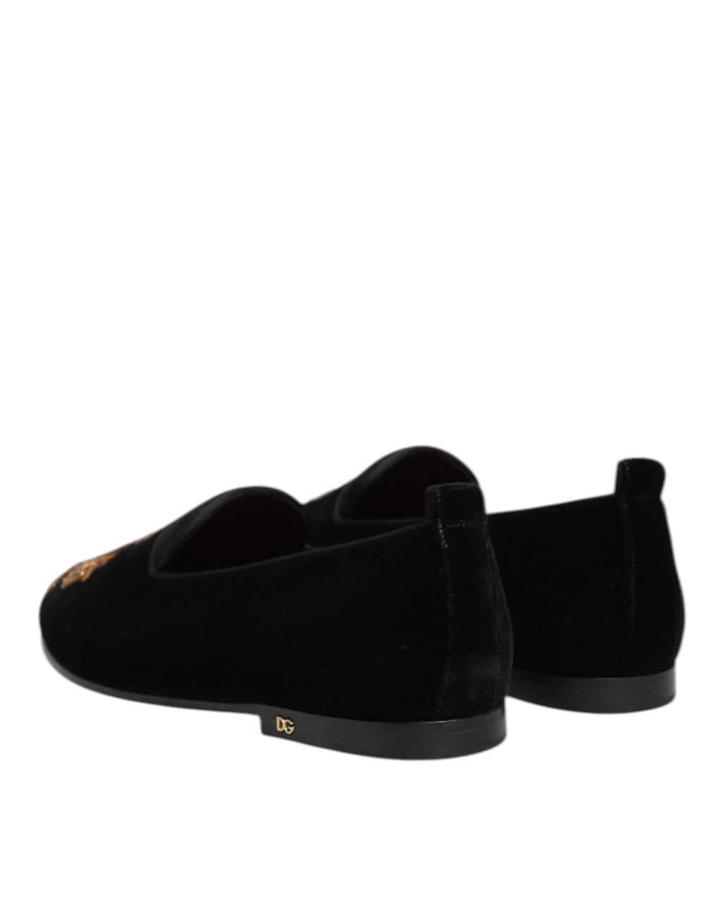 Chaussures loafers en velours noir Dolce & Gabbana avec couronne en or pour homme, élégantes et sophistiquées.