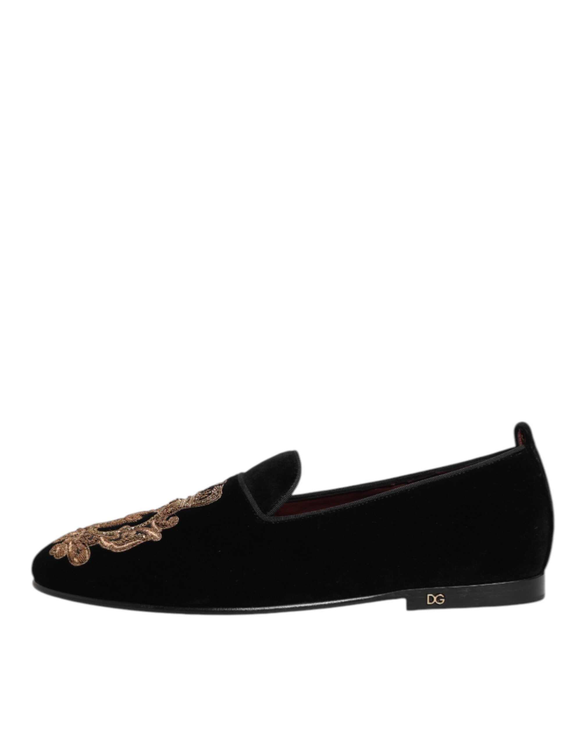 Chaussures mocassins pour hommes Dolce & Gabbana en velours noir avec couronne en or, élégantes et sophistiquées.