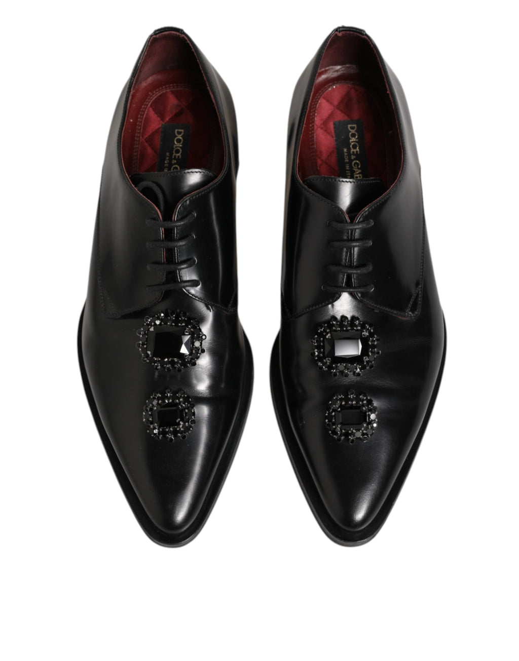 Chaussures Derby en cuir noir Dolce & Gabbana ornées de cristaux et de bijoux, élégantes et luxueuses.