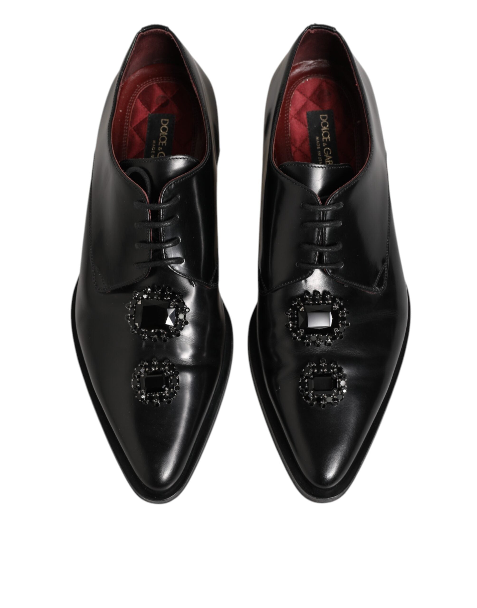 Chaussures Derby en cuir noir Dolce & Gabbana ornées de cristaux et de bijoux, élégantes et luxueuses.