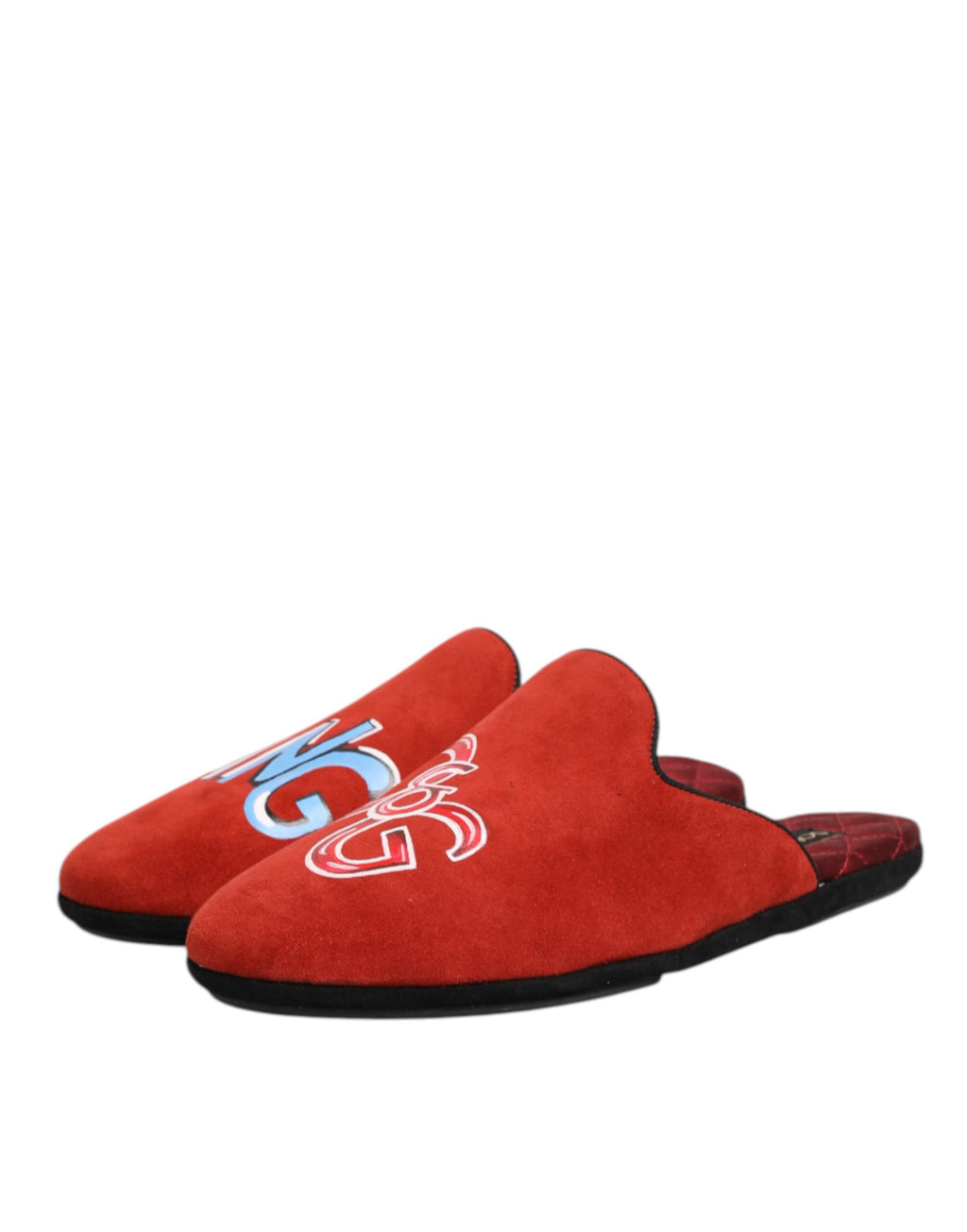 Chaussures maison Dolce & Gabbana DG King en daim rouge pour homme, pantoufles élégantes et confortables.
