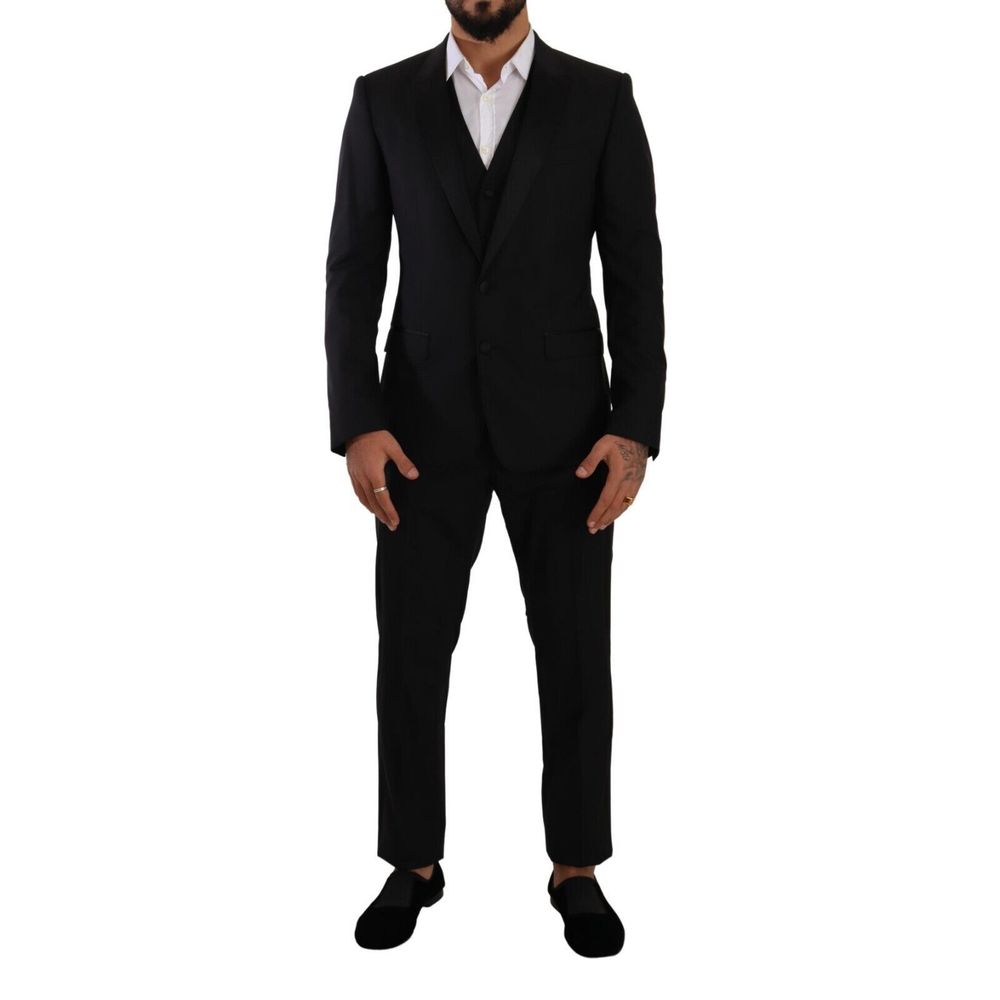 Costume trois pièces en laine noire Dolce & Gabbana, veste, pantalon et gilet élégants pour homme.