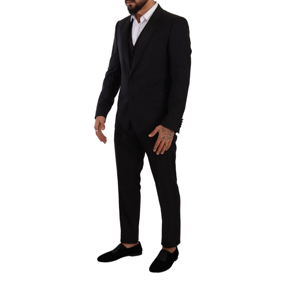Costume trois pièces en laine noire Dolce & Gabbana, comprenant veste, pantalon et gilet, pour homme élégant et sophistiqué.