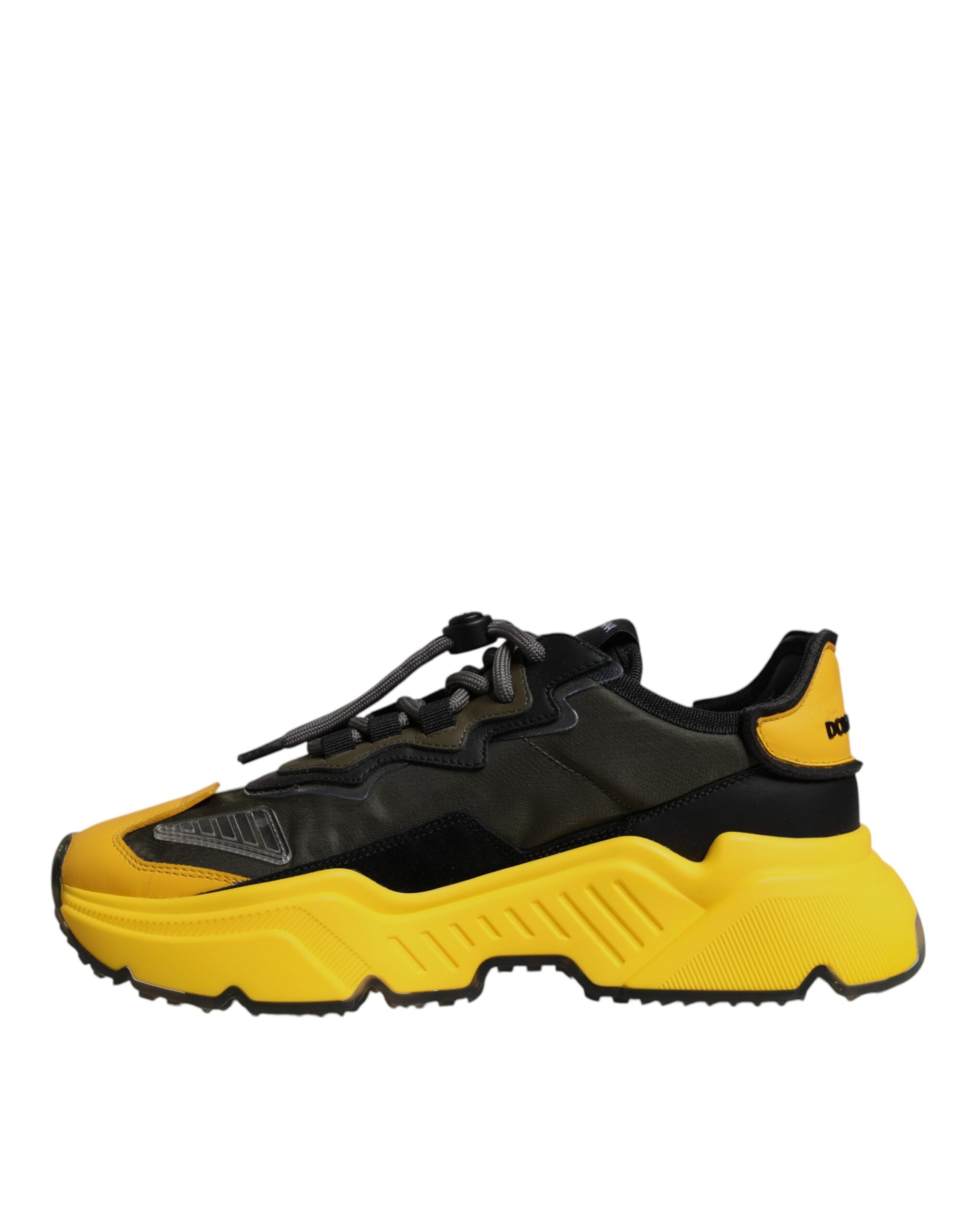 Chaussures sneakers basses Dolce & Gabbana Daymaster noires et jaunes, vue de face avec détails de style et design.