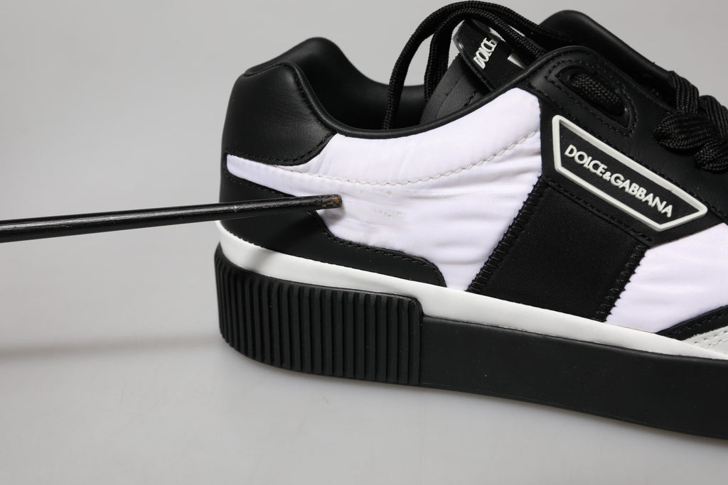 Chaussures sneakers basses Dolce & Gabbana Miami en cuir noir et blanc, vue de face.