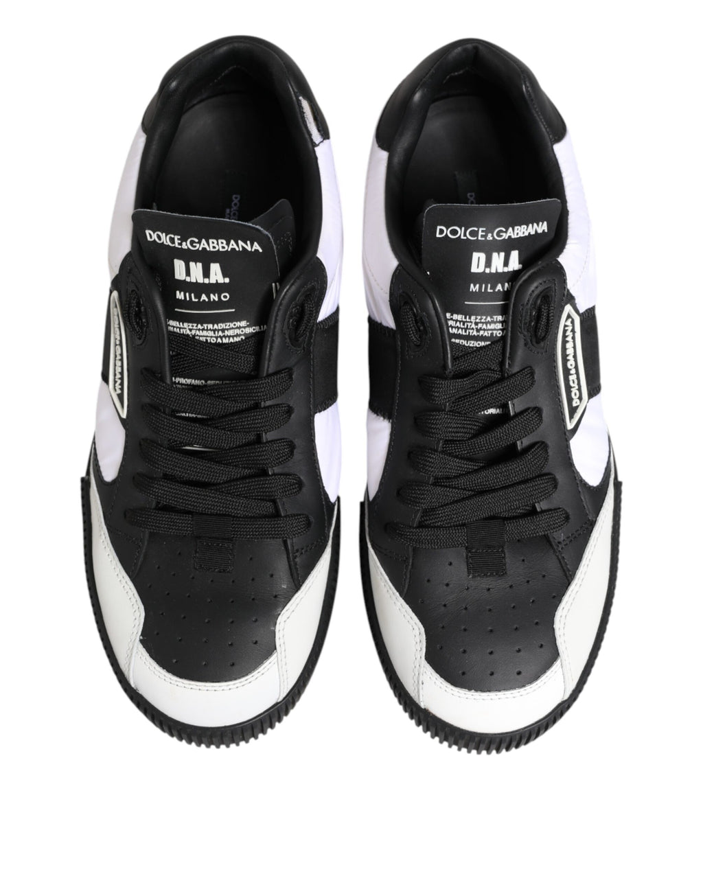Chaussures sneakers basses Dolce & Gabbana Miami en cuir noir et blanc, vue de face, style décontracté et moderne.