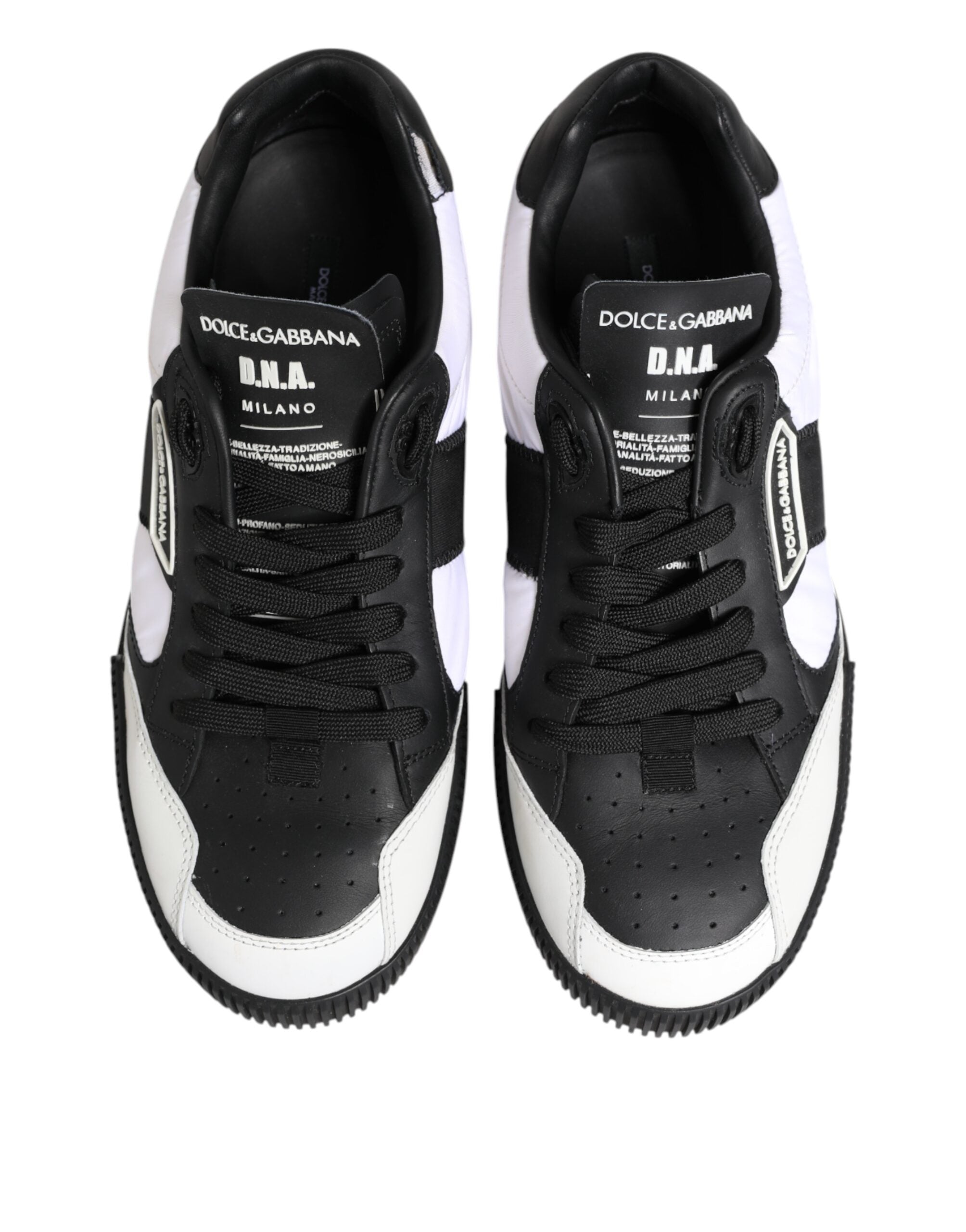 Chaussures sneakers basses Dolce & Gabbana Miami en cuir noir et blanc, vue de face, style décontracté et moderne.