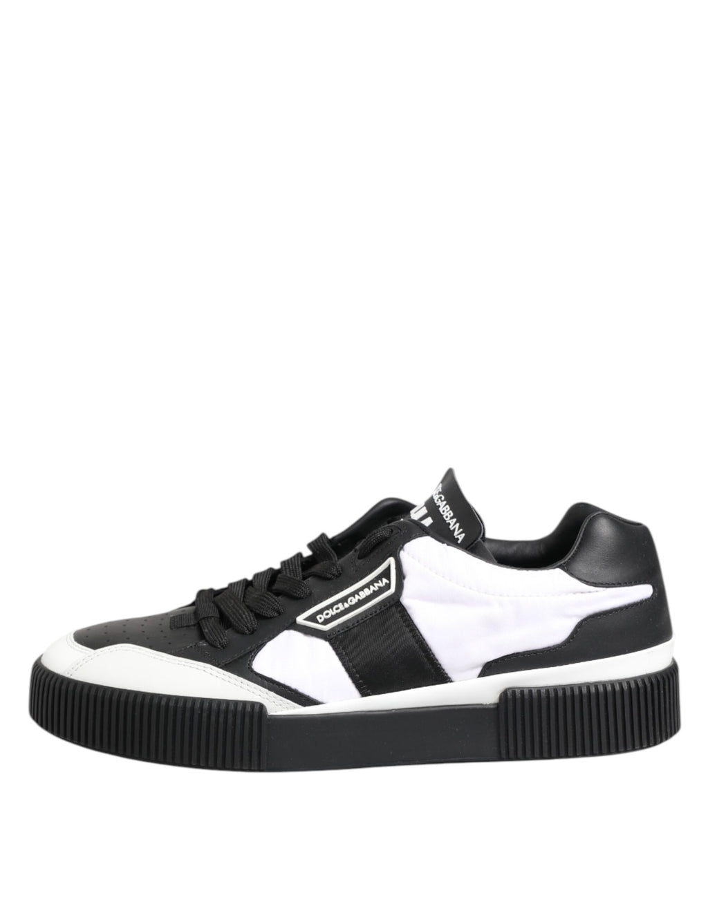 Chaussures baskets basses Dolce & Gabbana Miami en cuir noir et blanc, vue de côté.