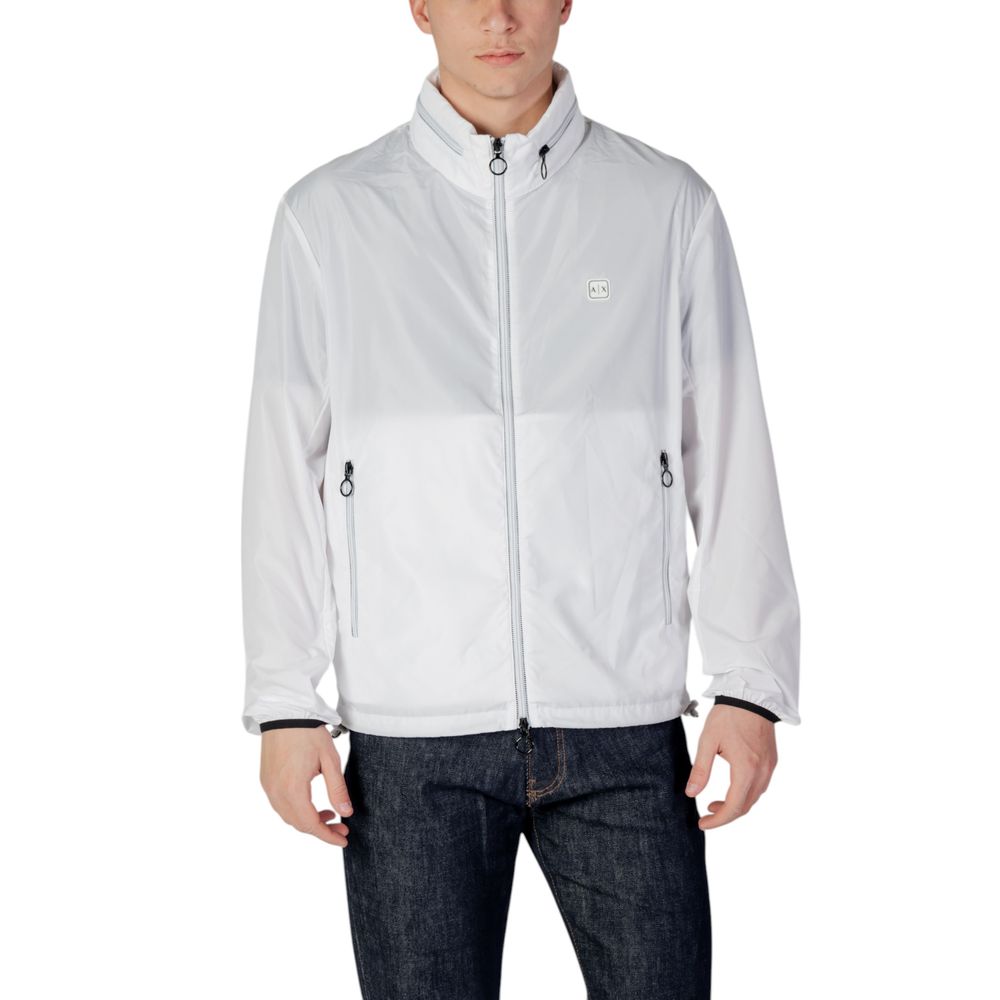 Veste en polyester blanche Armani Exchange, coquille légère avec capuche et fermeture éclair, pour un style décontracté et moderne.