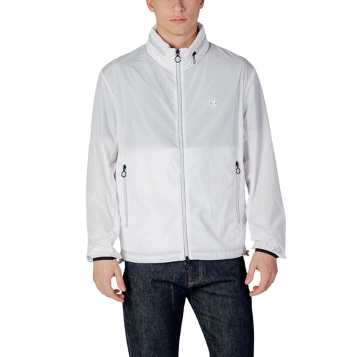 Veste en polyester blanche Armani Exchange, coquille légère avec capuche et fermeture éclair, pour un style décontracté et moderne.