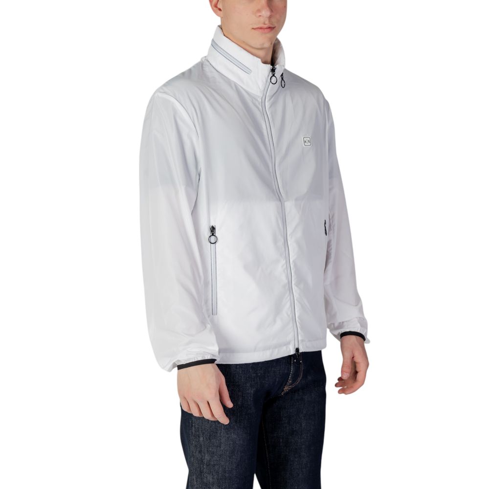 Veste en polyester blanche Armani Exchange, coupe ajustée et zippée, idéale pour un style décontracté et moderne.