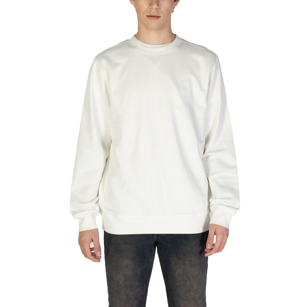 Sweat-shirt blanc en coton de la marque Hugo Boss, tissu doux, coupe classique, avec logo discret sur la poitrine.