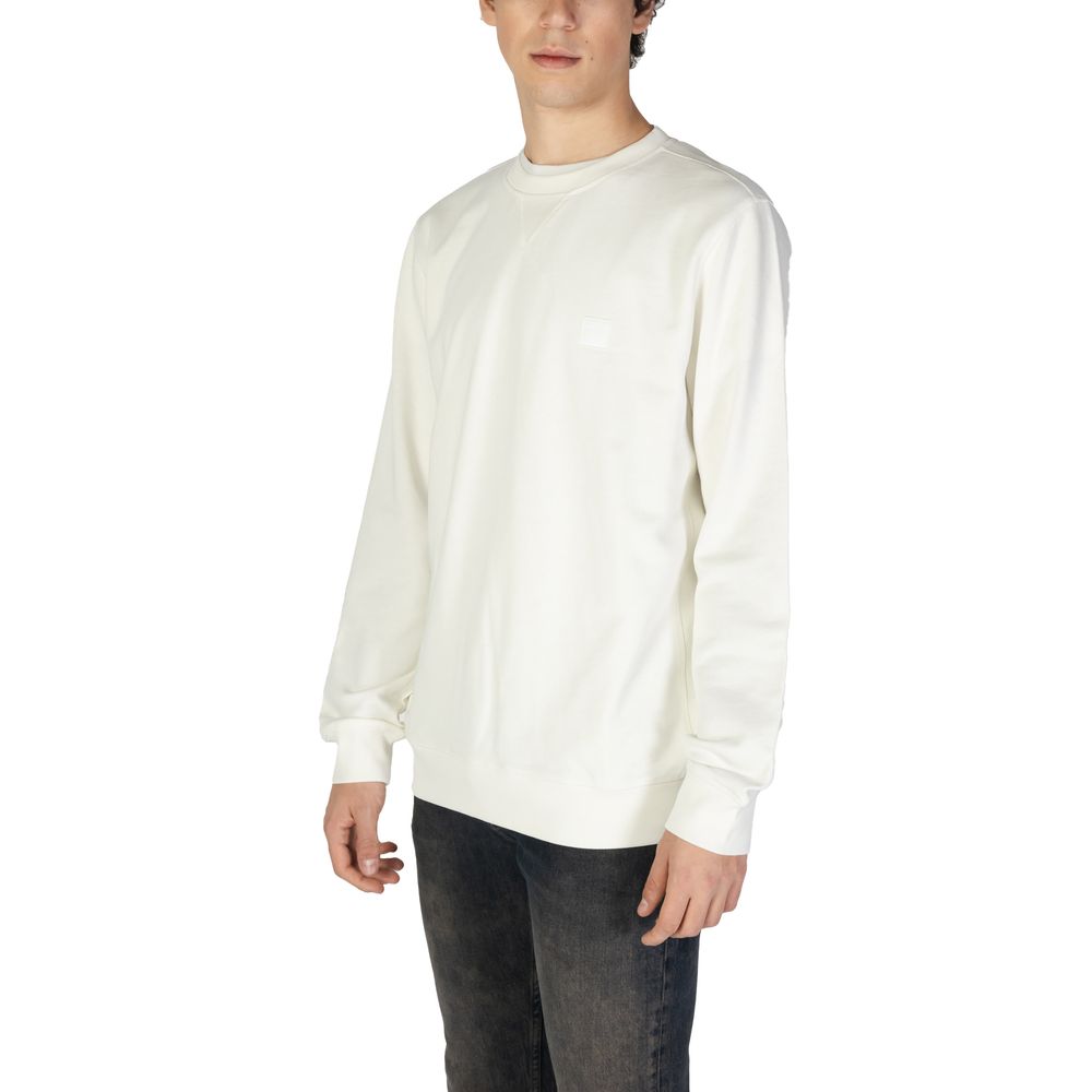Sweatshirt blanc en coton de la marque Hugo Boss, vue de face, avec logo discret sur la poitrine.