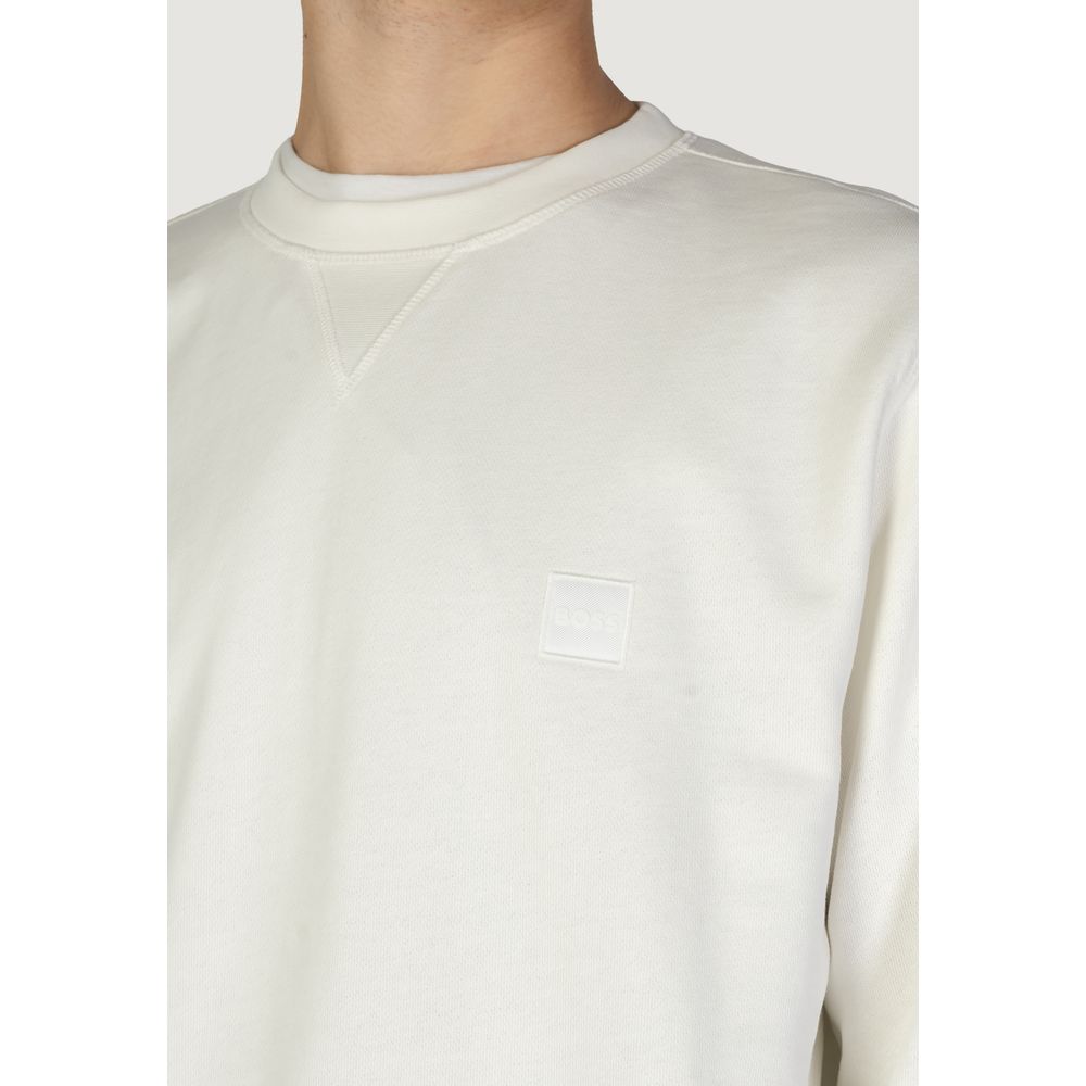 Sweat-shirt blanc en coton de la marque Hugo Boss, avec logo discret sur le devant, porté par un modèle.